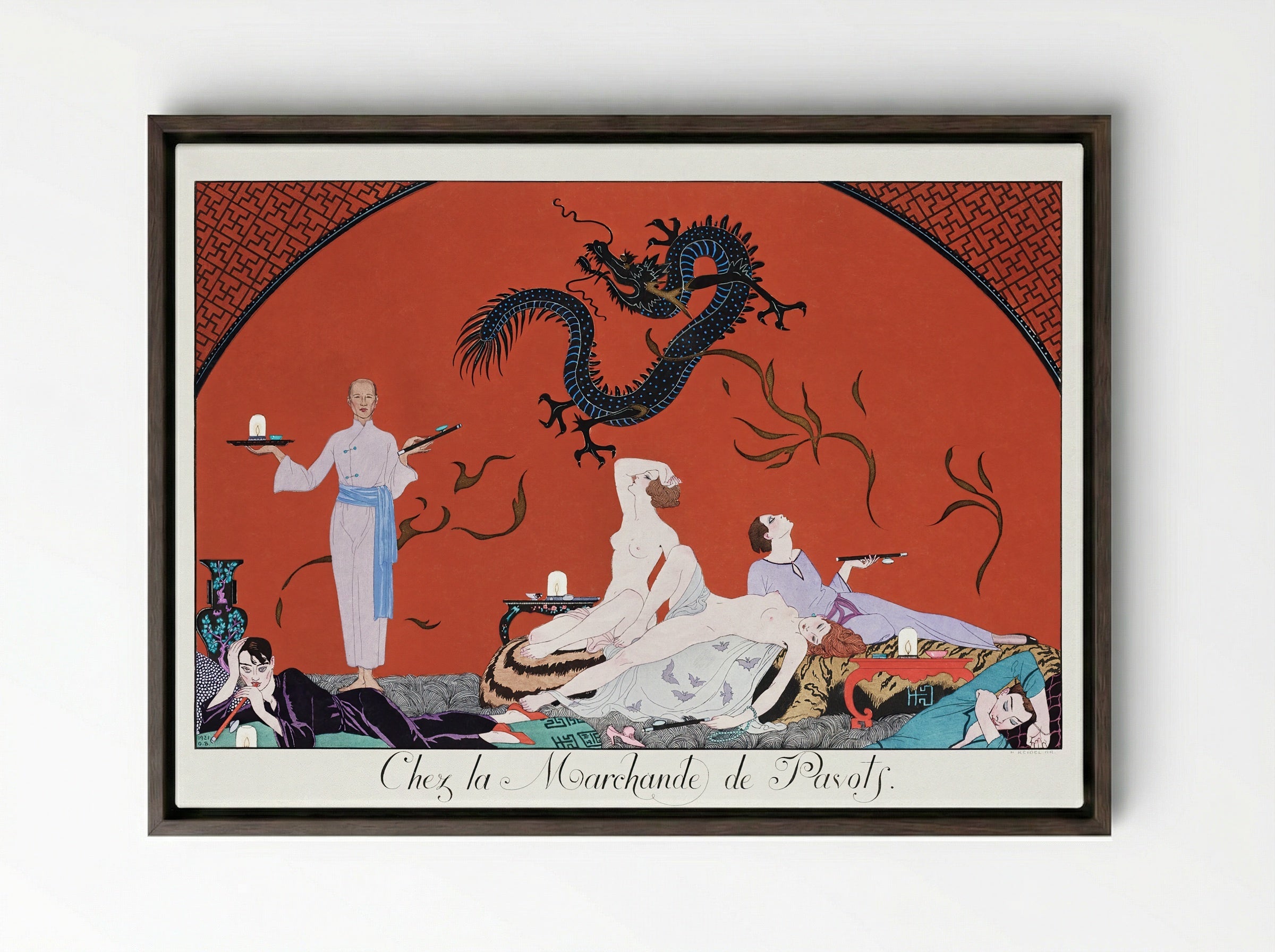 Chez la Marchande de Pavots - George Barbier - Framed Canvas Dark Wood