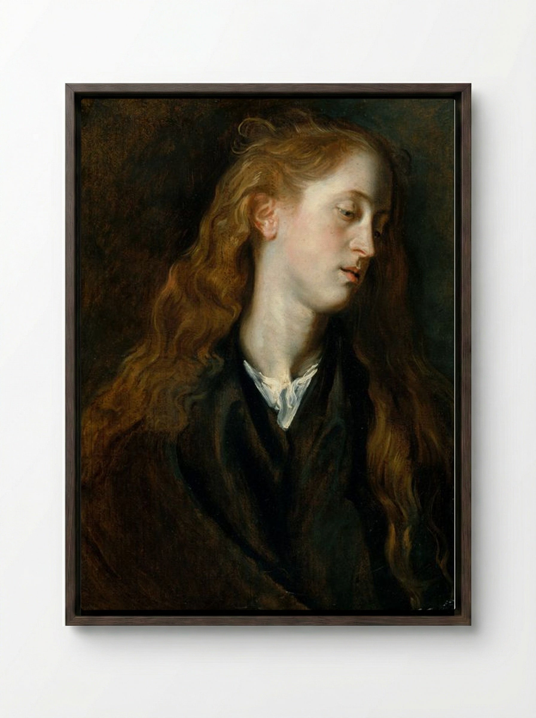 Study, Head of a Young Woman - Anthony van Dyck - Framed Canvas Dark Wood