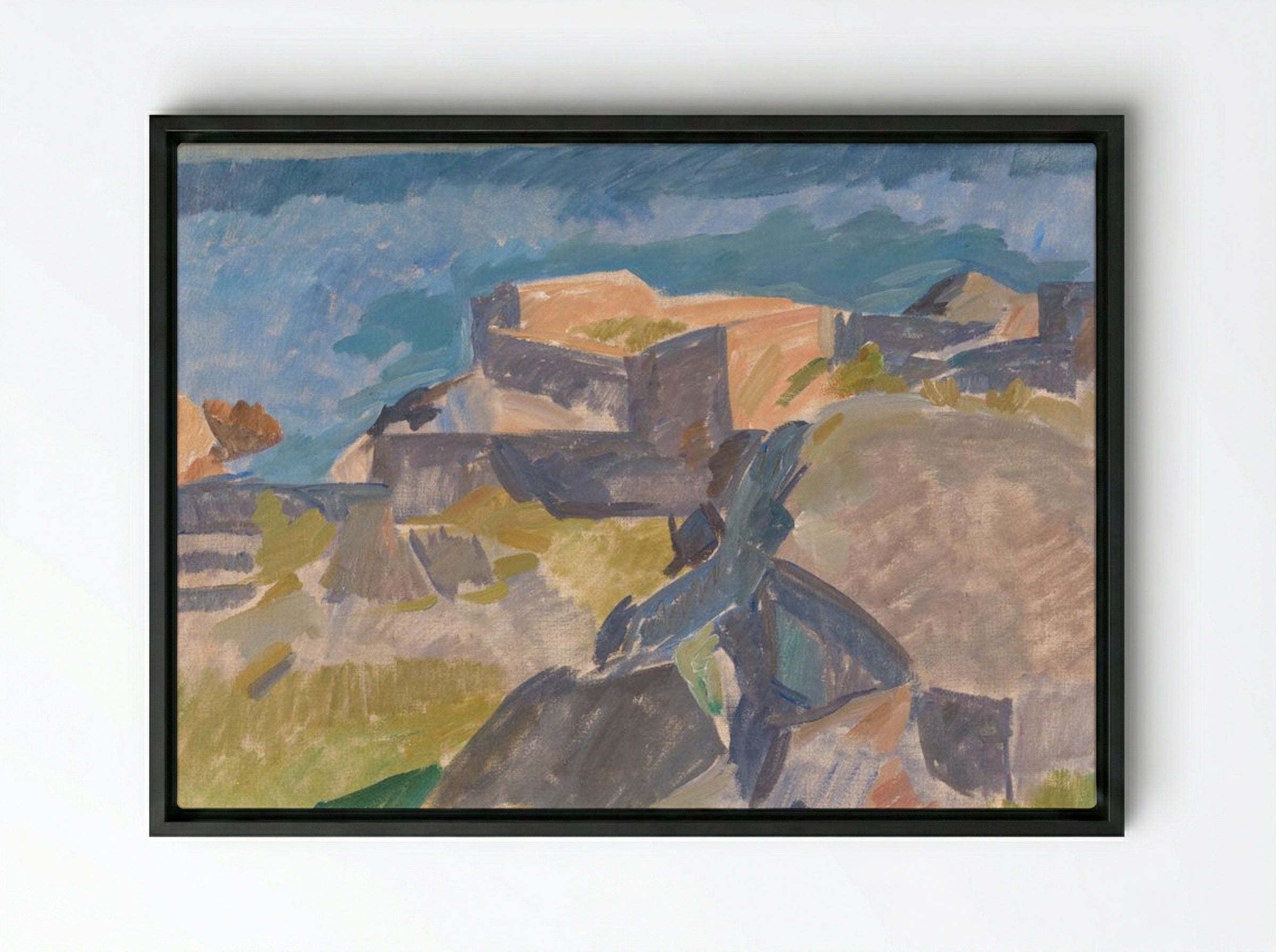 Coastal View with Buildings - Edvard Weie - Framed Canvas Black