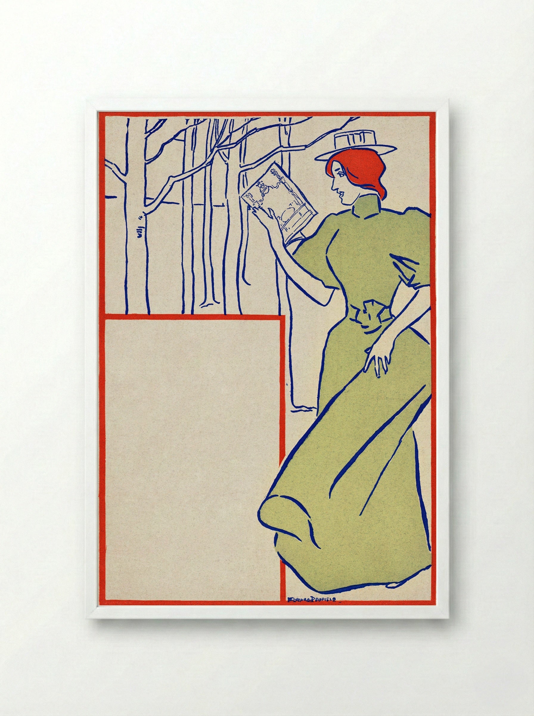 Woman in Green Dress Reading a Book - Edward Penfield - Framed Print White