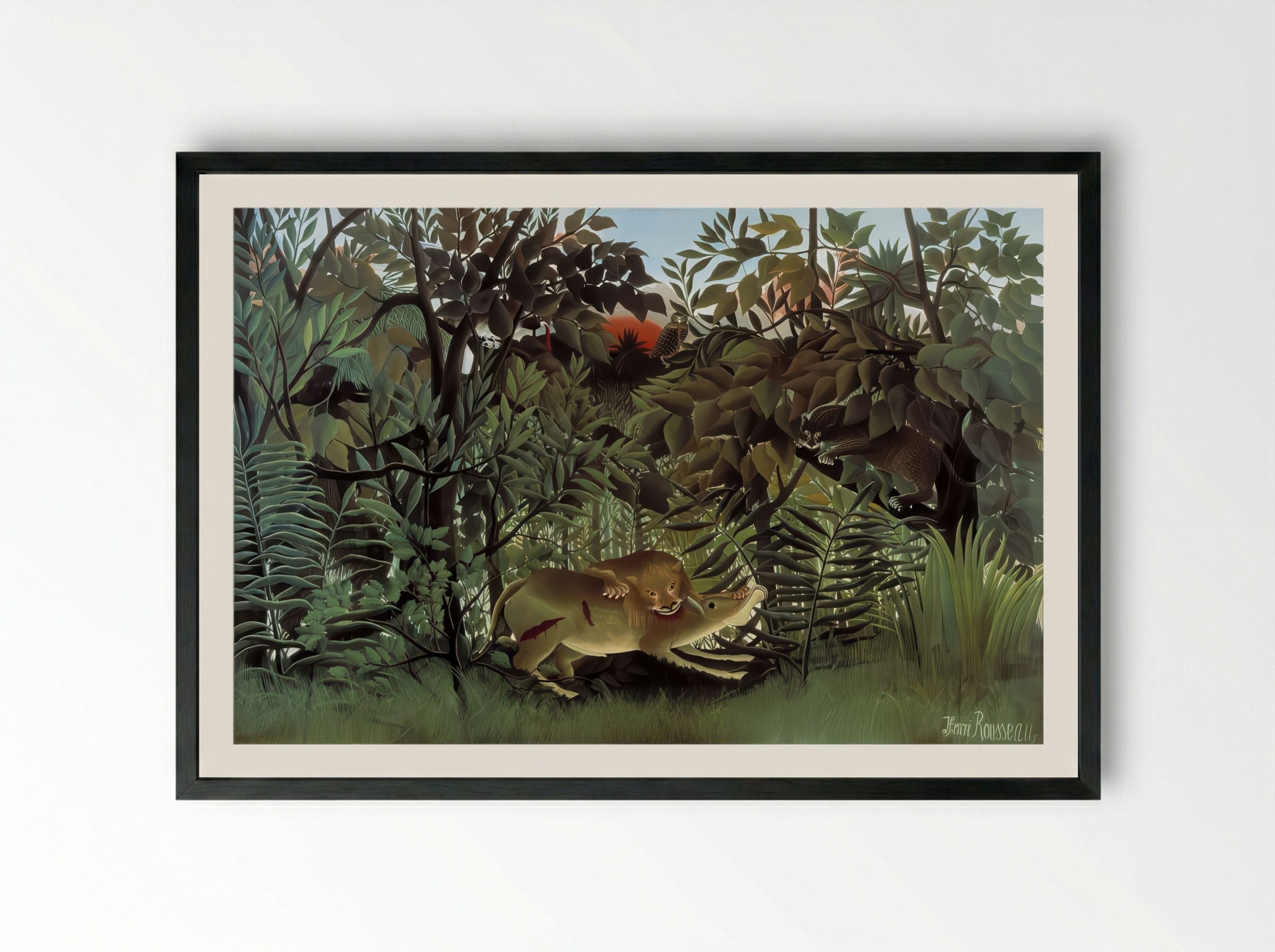 The Hungry Lion Throws Itself on the Antelope by Henri Rousseau – Naïve Art Jungle - Framed Print Black