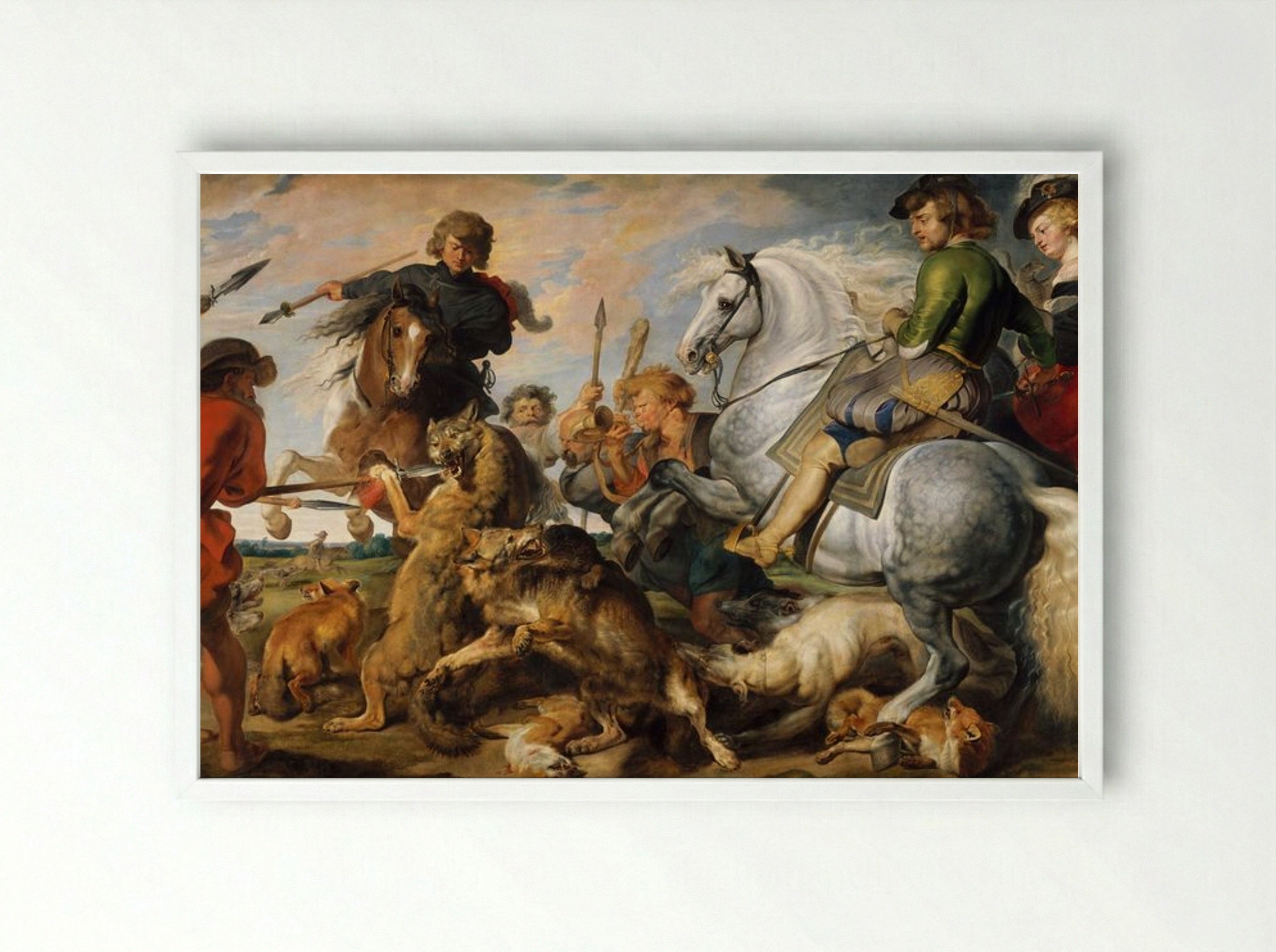Wolf and Fox Hunt - Peter Paul Rubens - Framed Print White