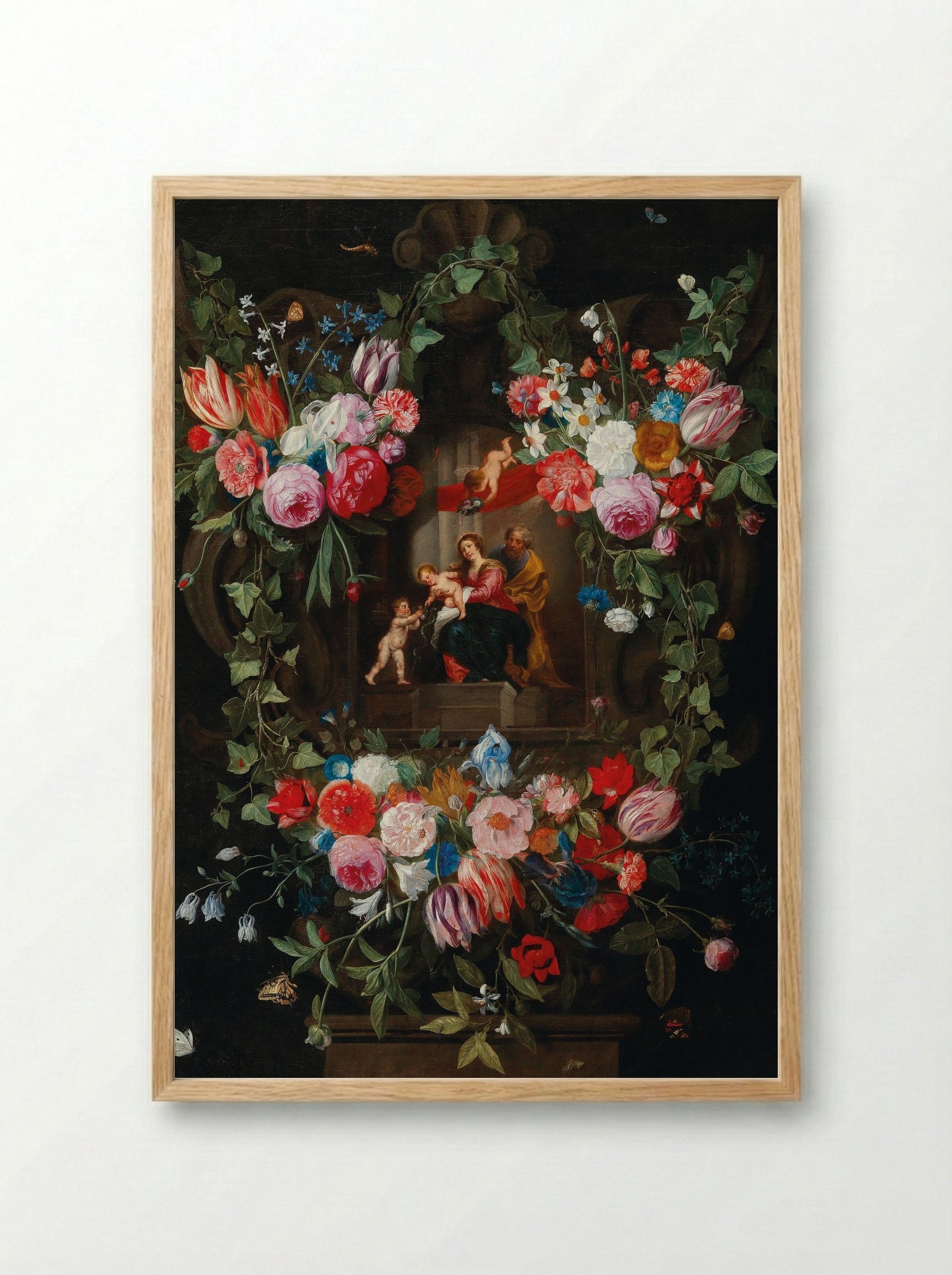 A Wreath of Flowers Surrounding a Cartouche with the Holy Family and Putti - Jan van Kessel the Elder - Framed Print Wood