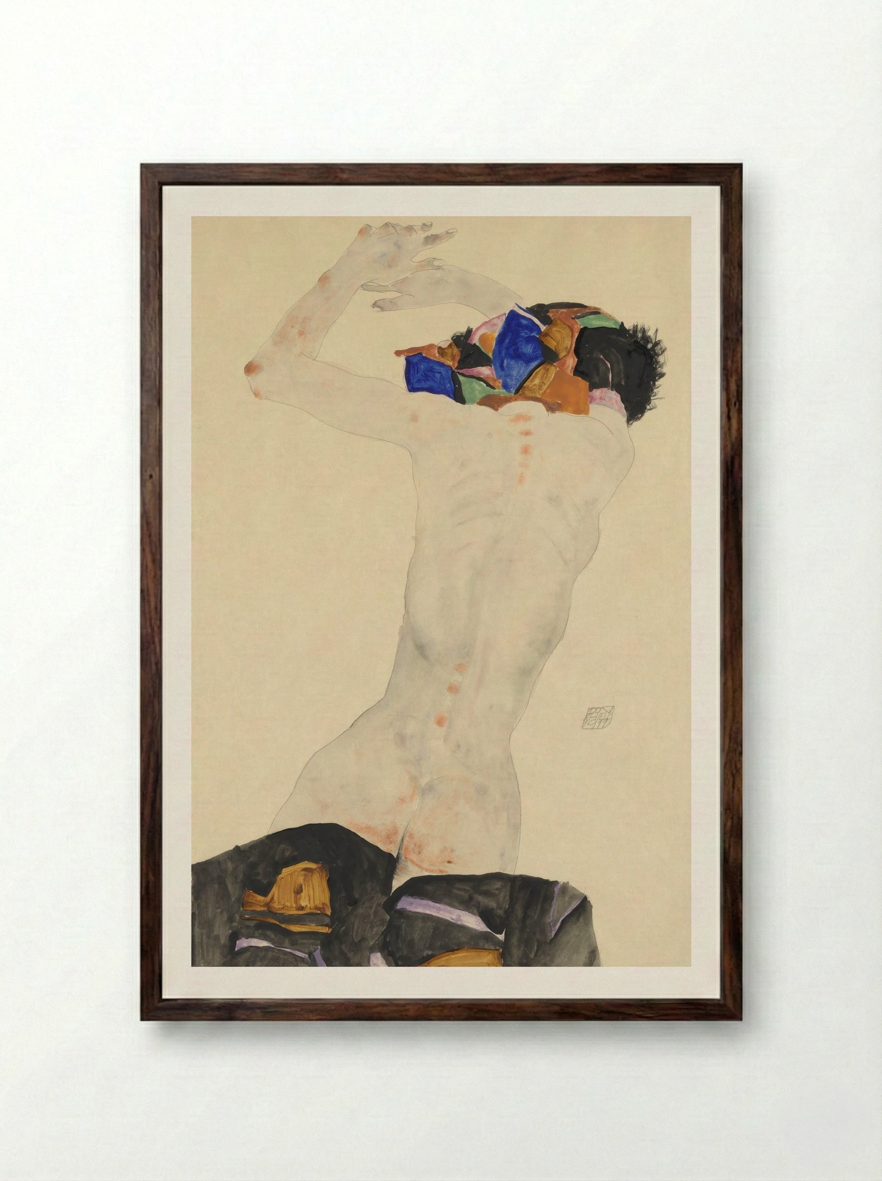 Reclining Nude with Colourful Cloth - Egon Schiele - Framed Print Dark Wood