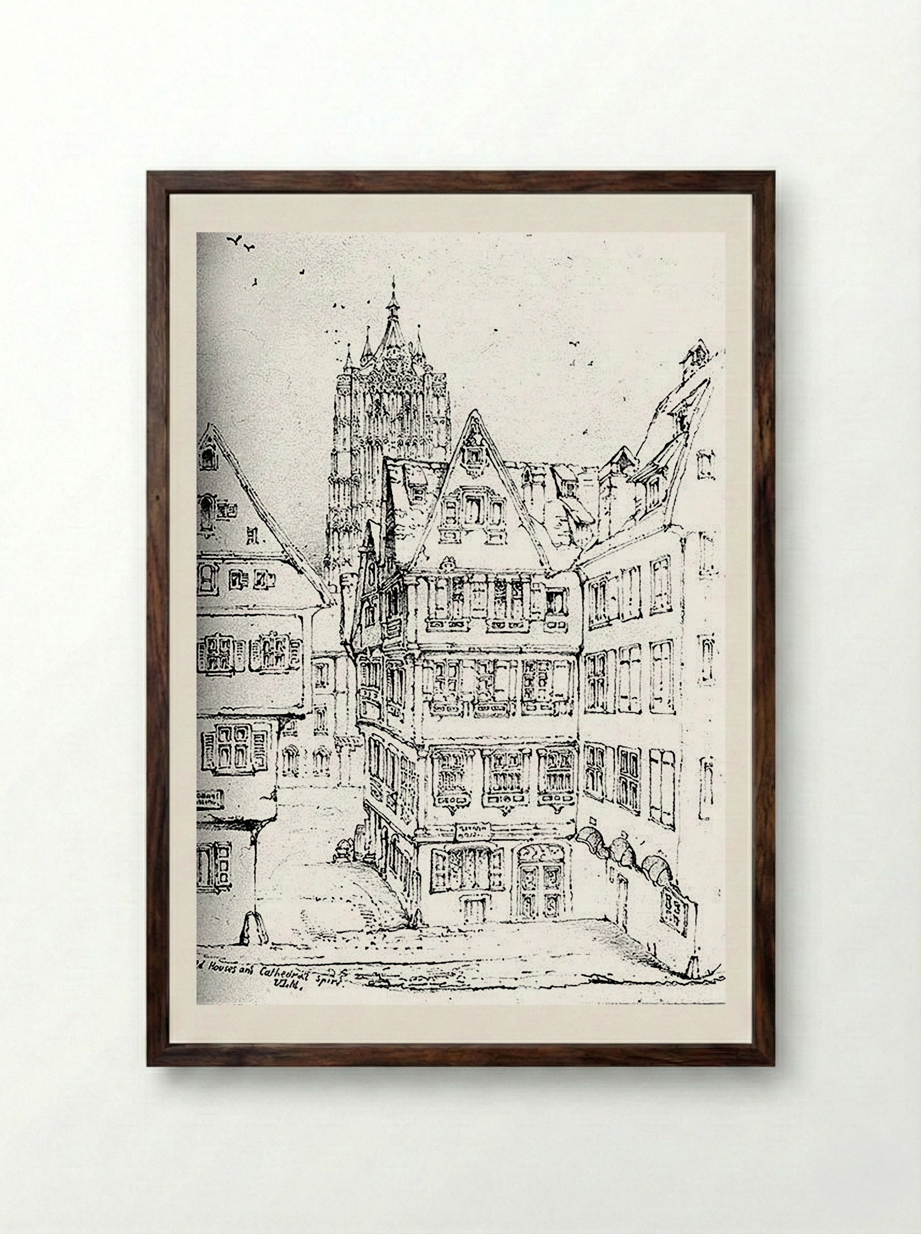 Houses and Cathedral Spire, Ulm - Walter M. Keesey - Framed Print Dark Wood