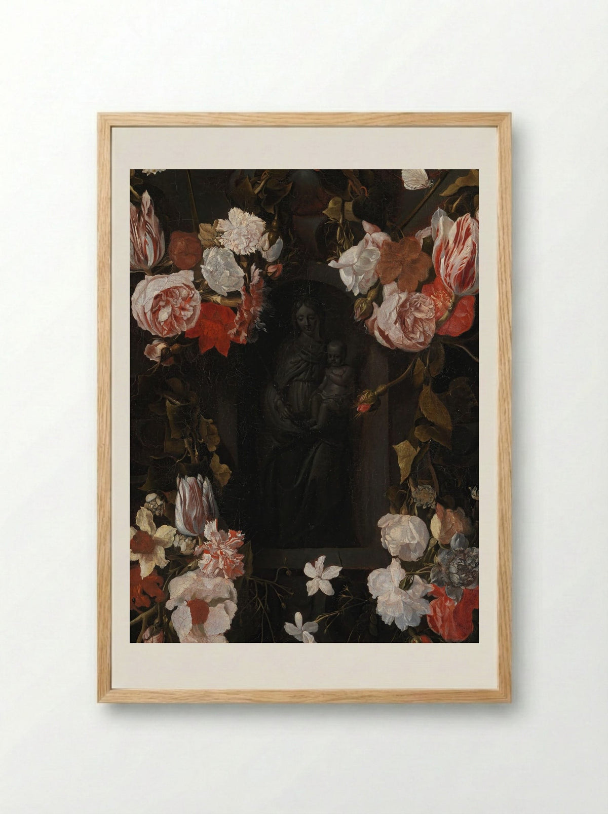 A Flower-Wreathed Niche with a Stone Figure of the Madonna - Fine Art Print - Framed Print Wood