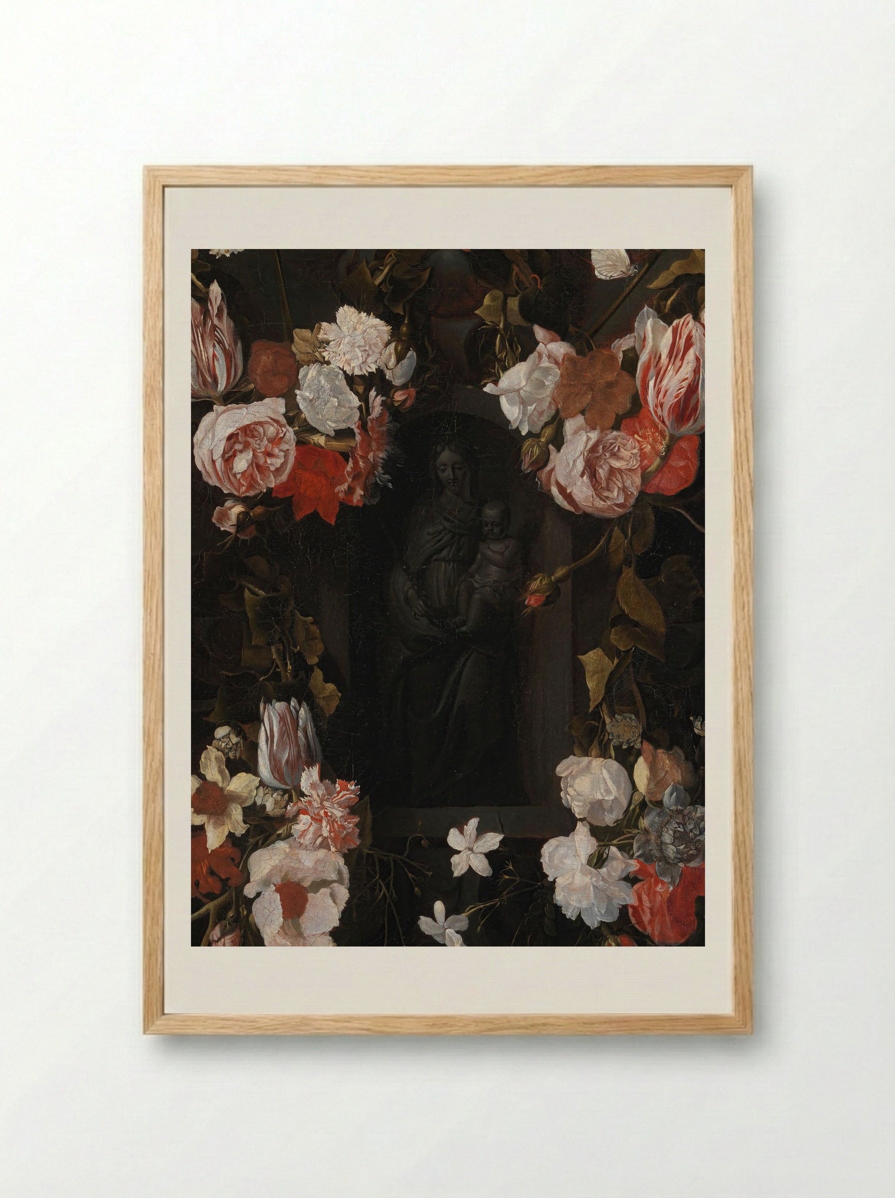 A Flower-Wreathed Niche with a Stone Figure of the Madonna - Fine Art Print - Framed Print Wood