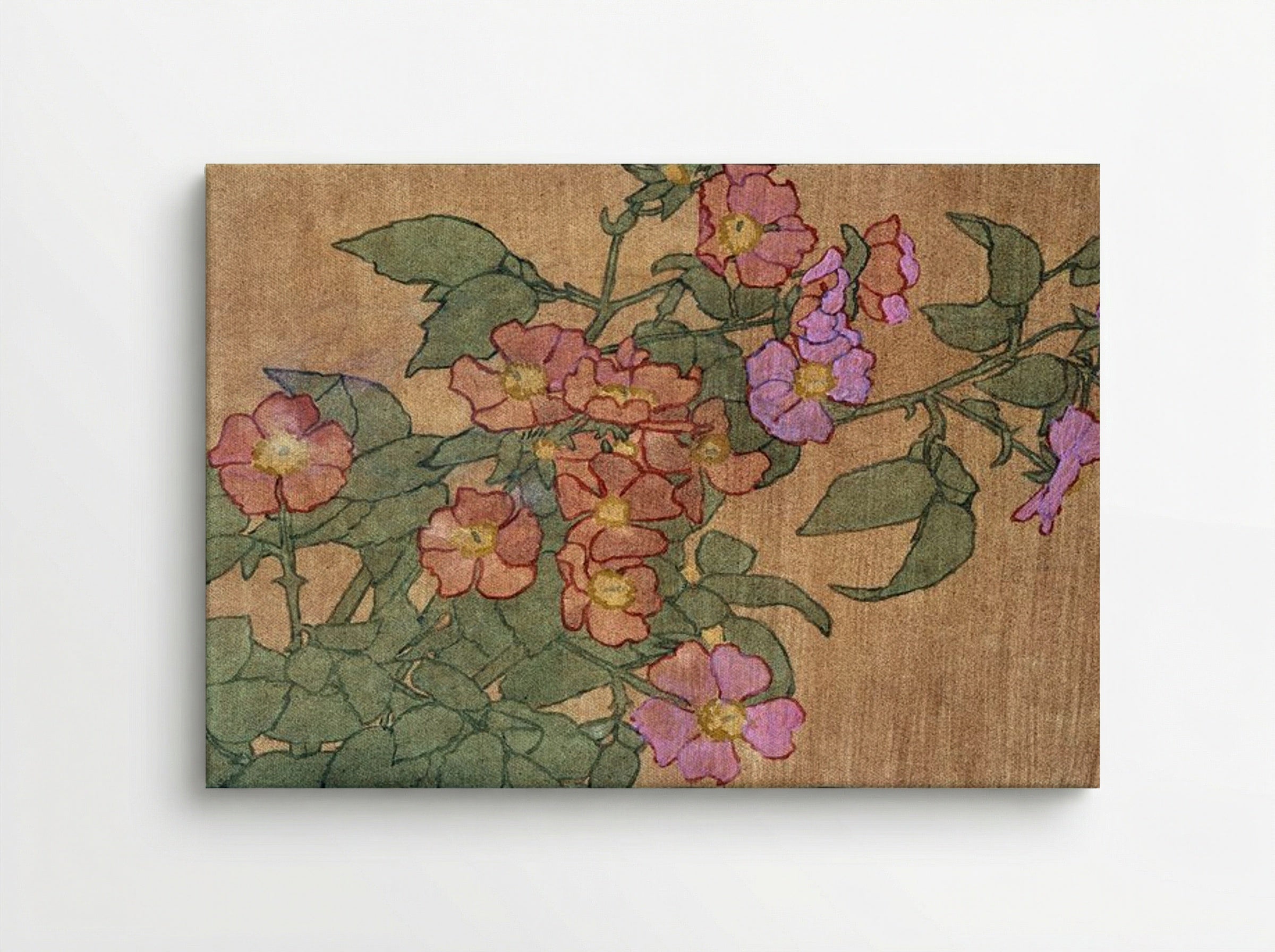 Pink Roses on Terracotta Colour Ground - Hannah Borger Overbeck - Canvas