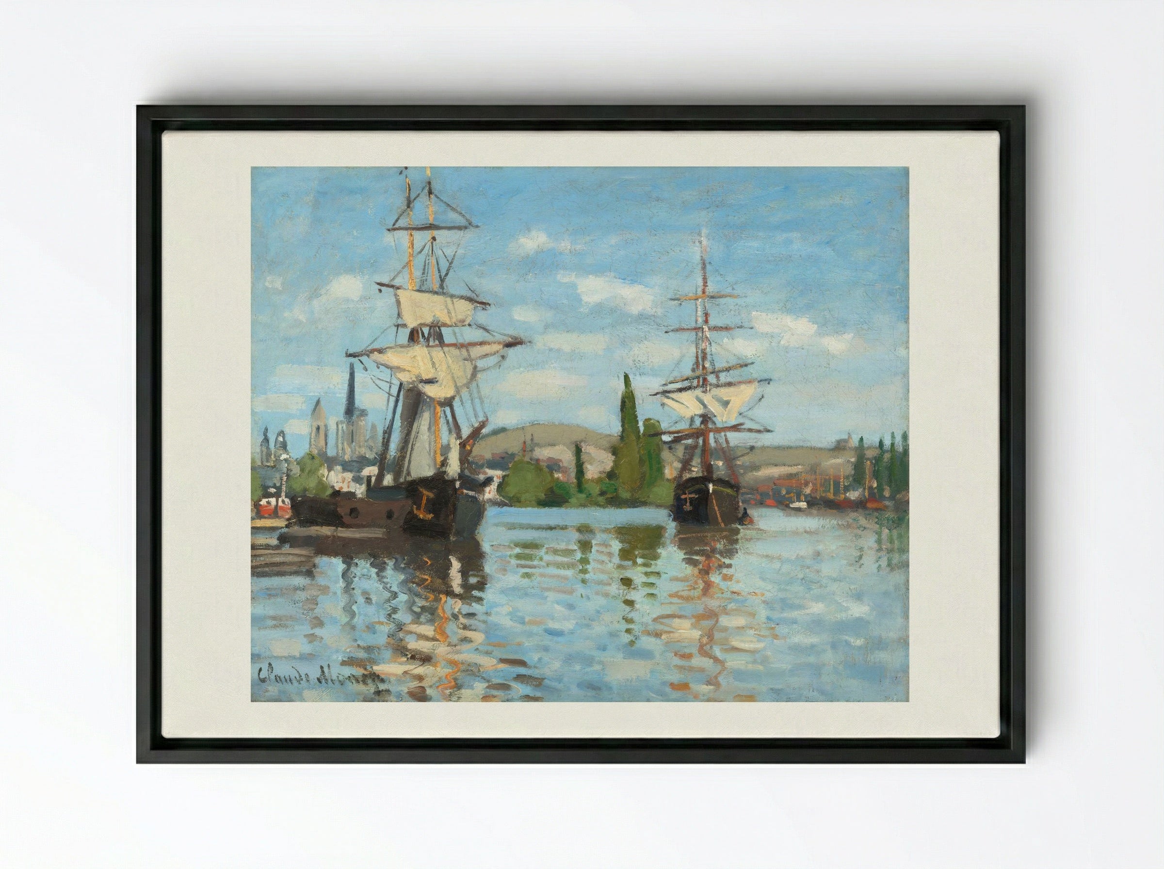 Ships Riding on the Seine at Rouen - Claude Monet - Framed Canvas Black
