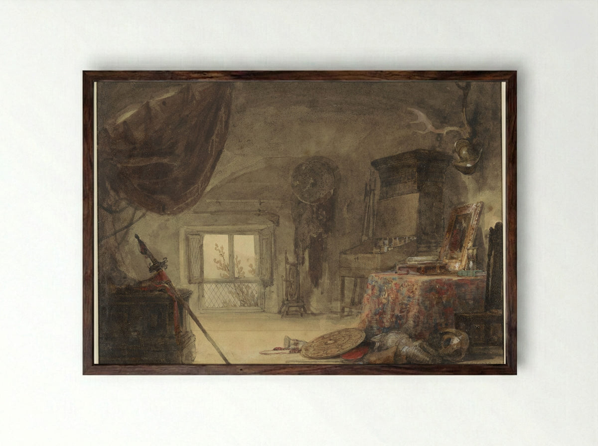 Zoldervertrek, ingericht als atelier (David Roberts) - David Roberts - Framed Print Dark Wood