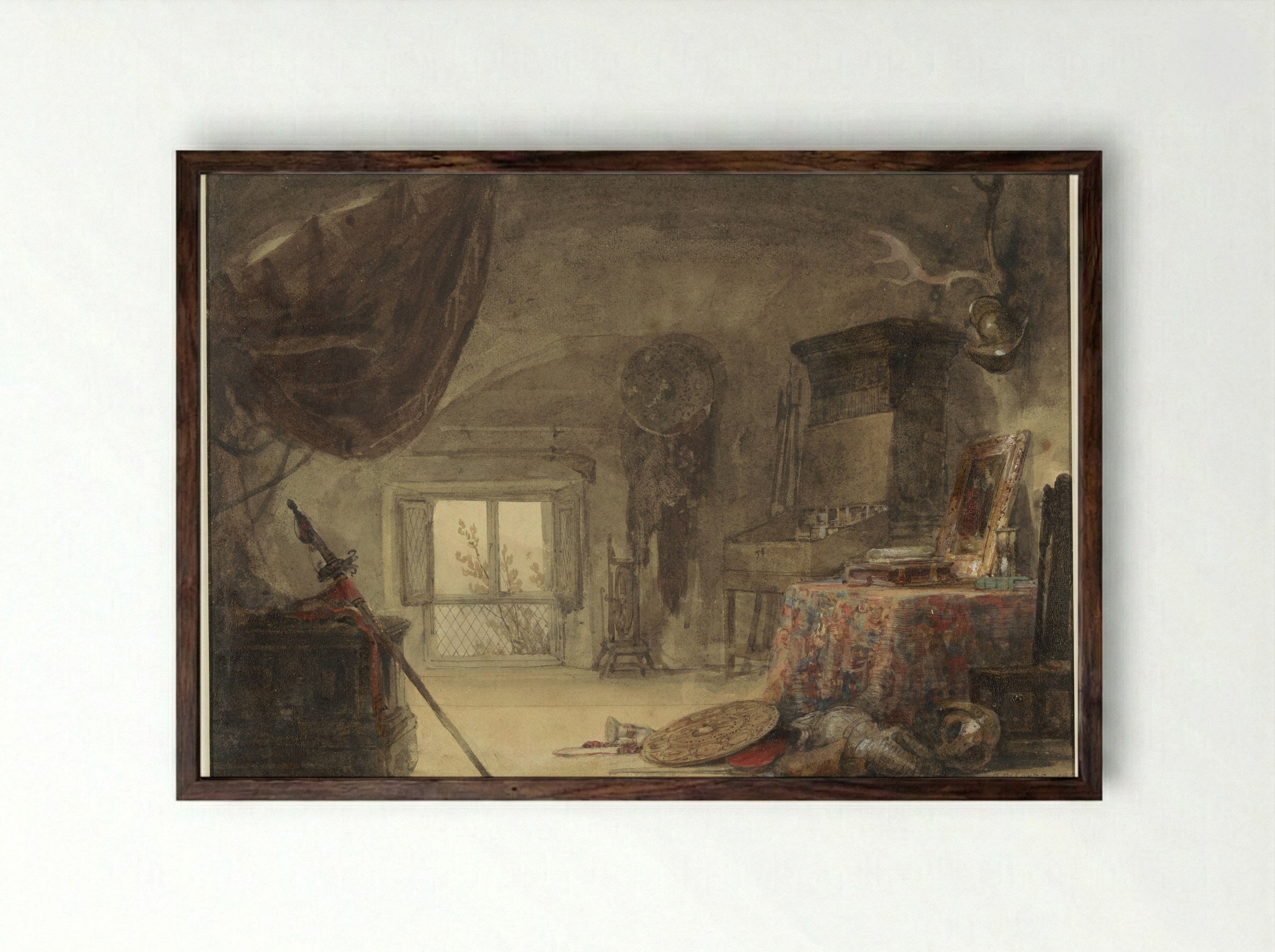 Zoldervertrek, ingericht als atelier (David Roberts) - David Roberts - Framed Print Dark Wood