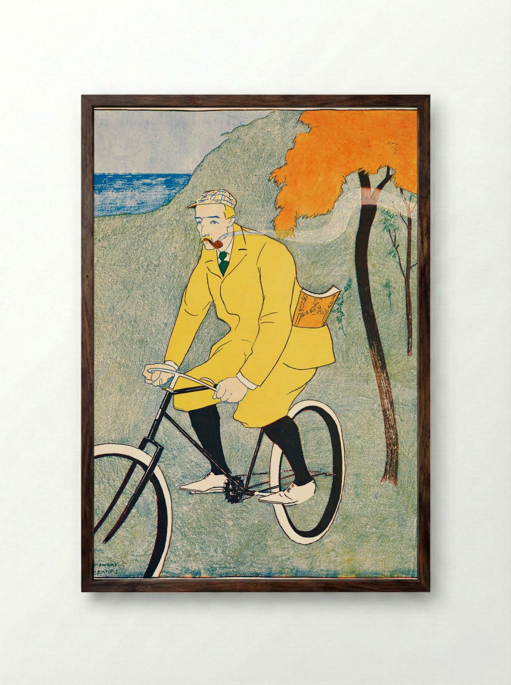 Man Riding Bicycle - Edward Penfield - Framed Print Dark Wood