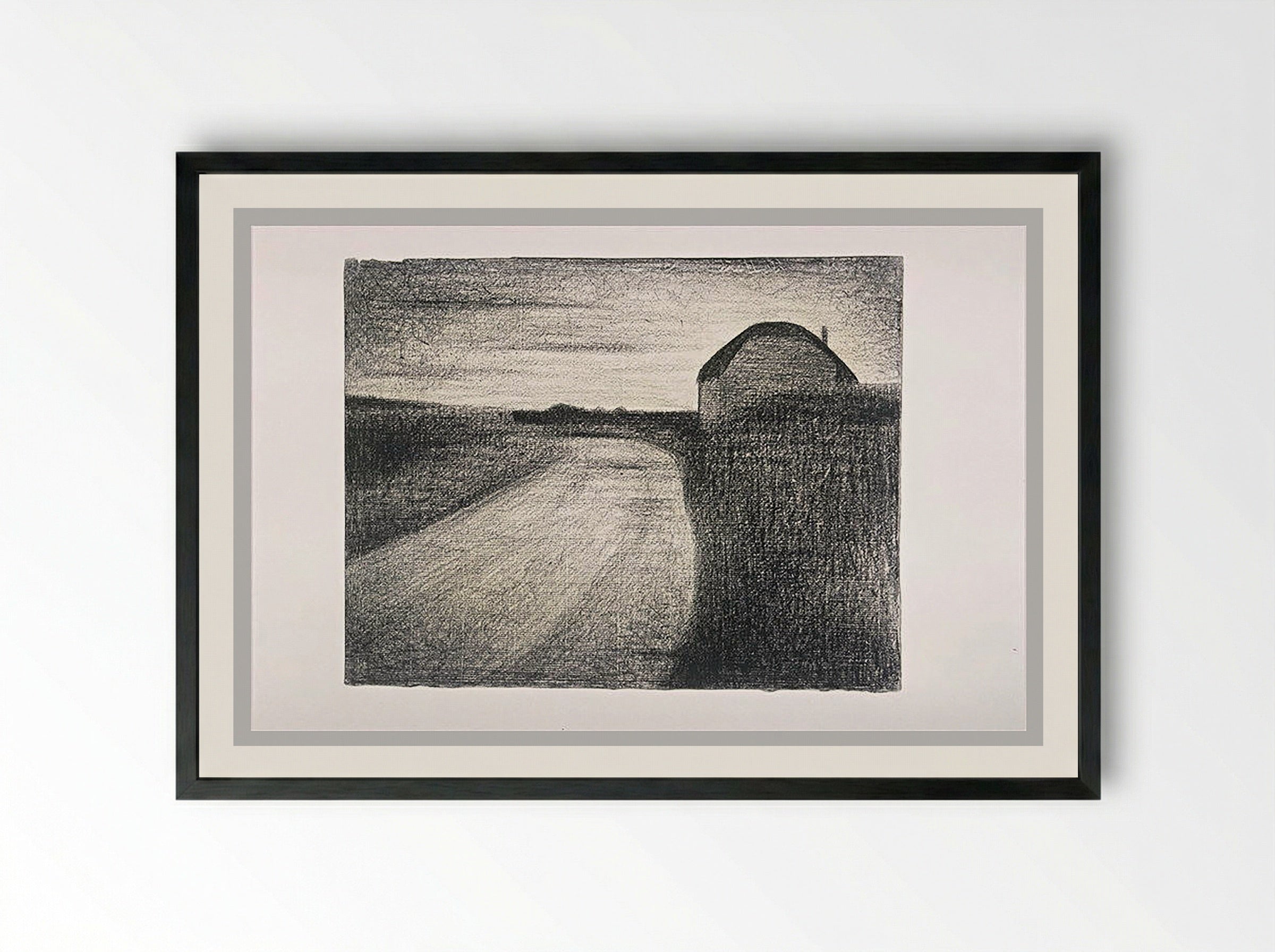 Untitled (Road and Farmhouse, Graphite on Paper) - Fine Art Print - Framed Print Black