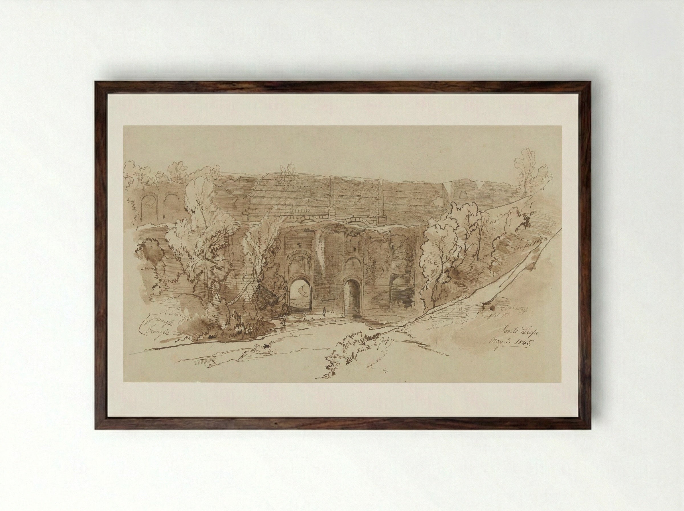Gezicht op de Ponte Lupo (bij Tivoli) - Edward Lear - Framed Print Dark Wood