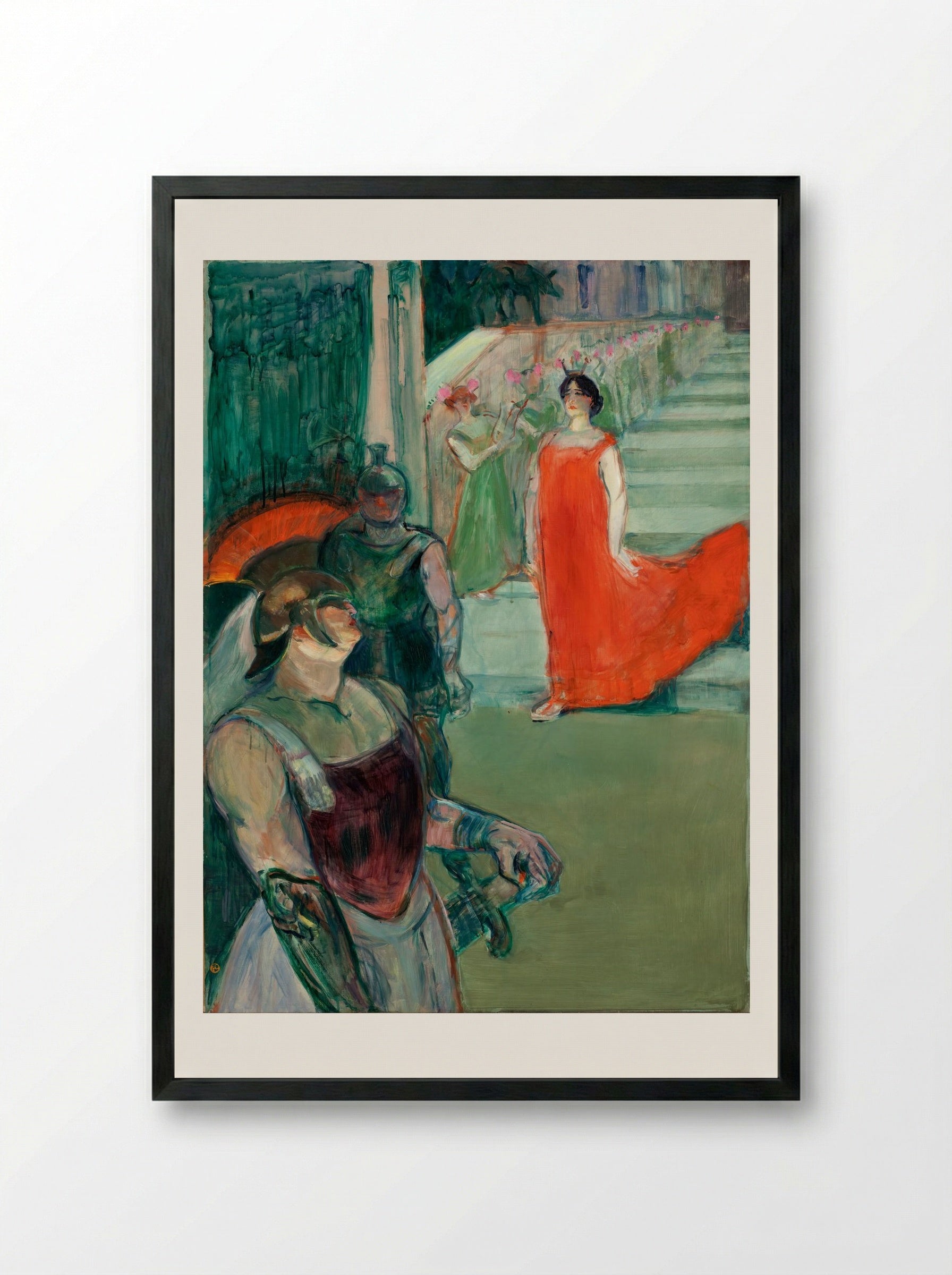 The Opera Messalina at Bordeaux: Messaline Descends the Staircase Bordered by Extras - Henri de Toulouse-Lautrec - Framed Print Black