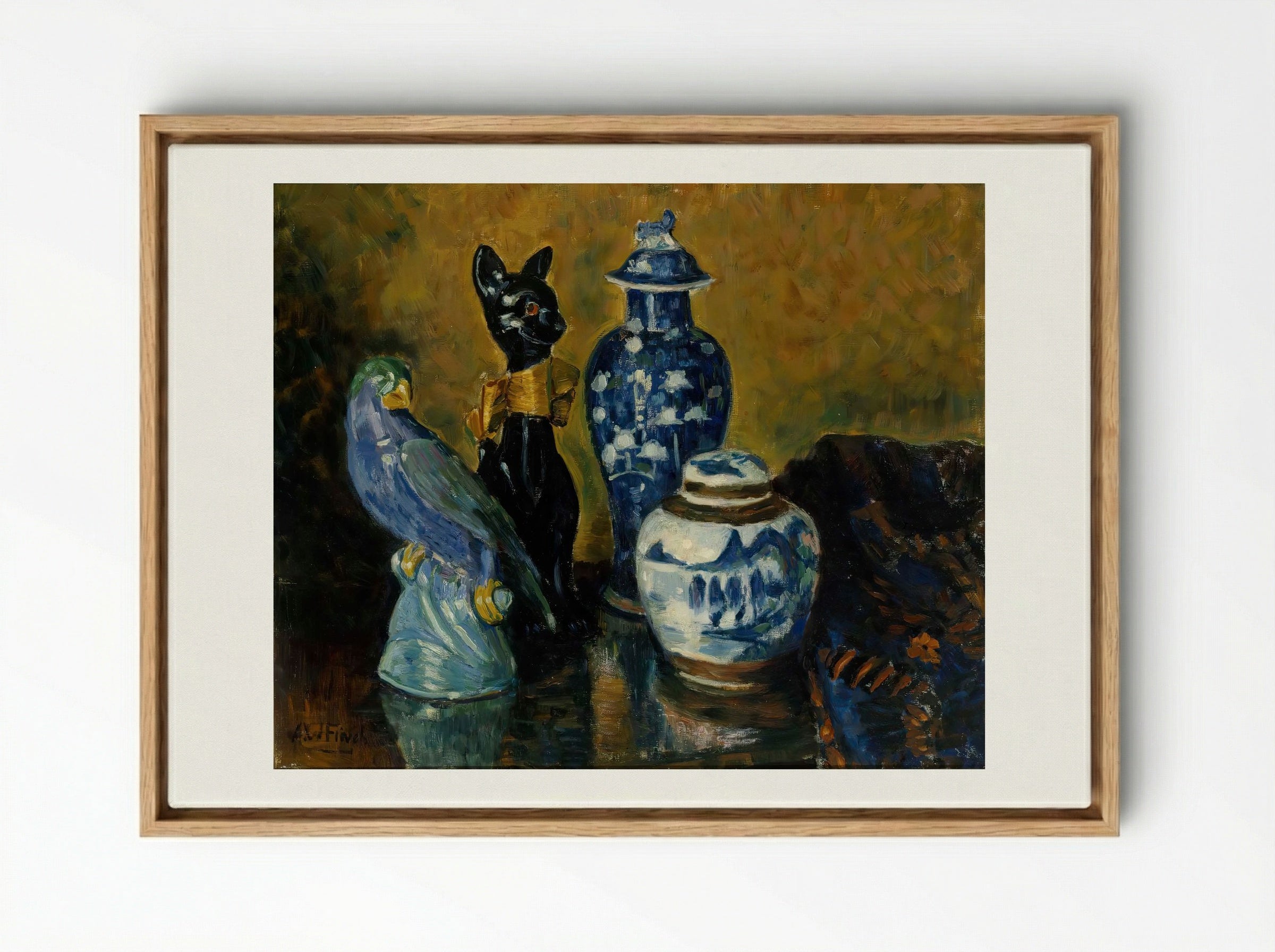 Still Life with Blue Figurines - Alfred William Finch - Framed Canvas Wood