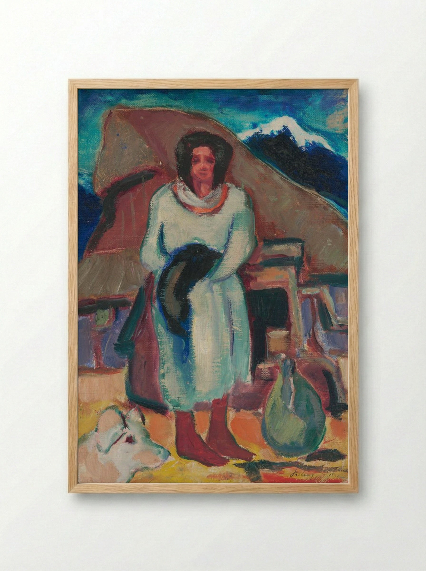 Study of a Village Girl in Front of a Cottage - Zolo Palugyay - Framed Print Wood