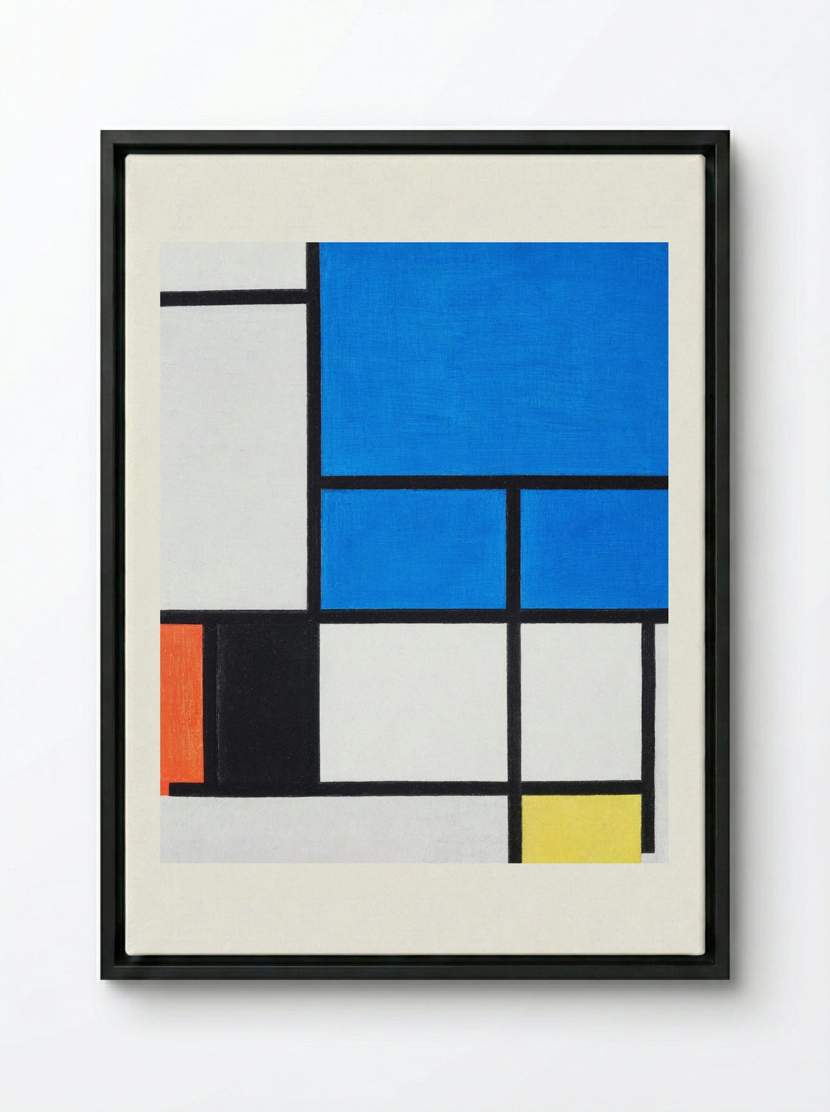 Composition with Large Blue Plane, Red, Black, Yellow, and Gray - Piet Mondrian - Framed Canvas Black
