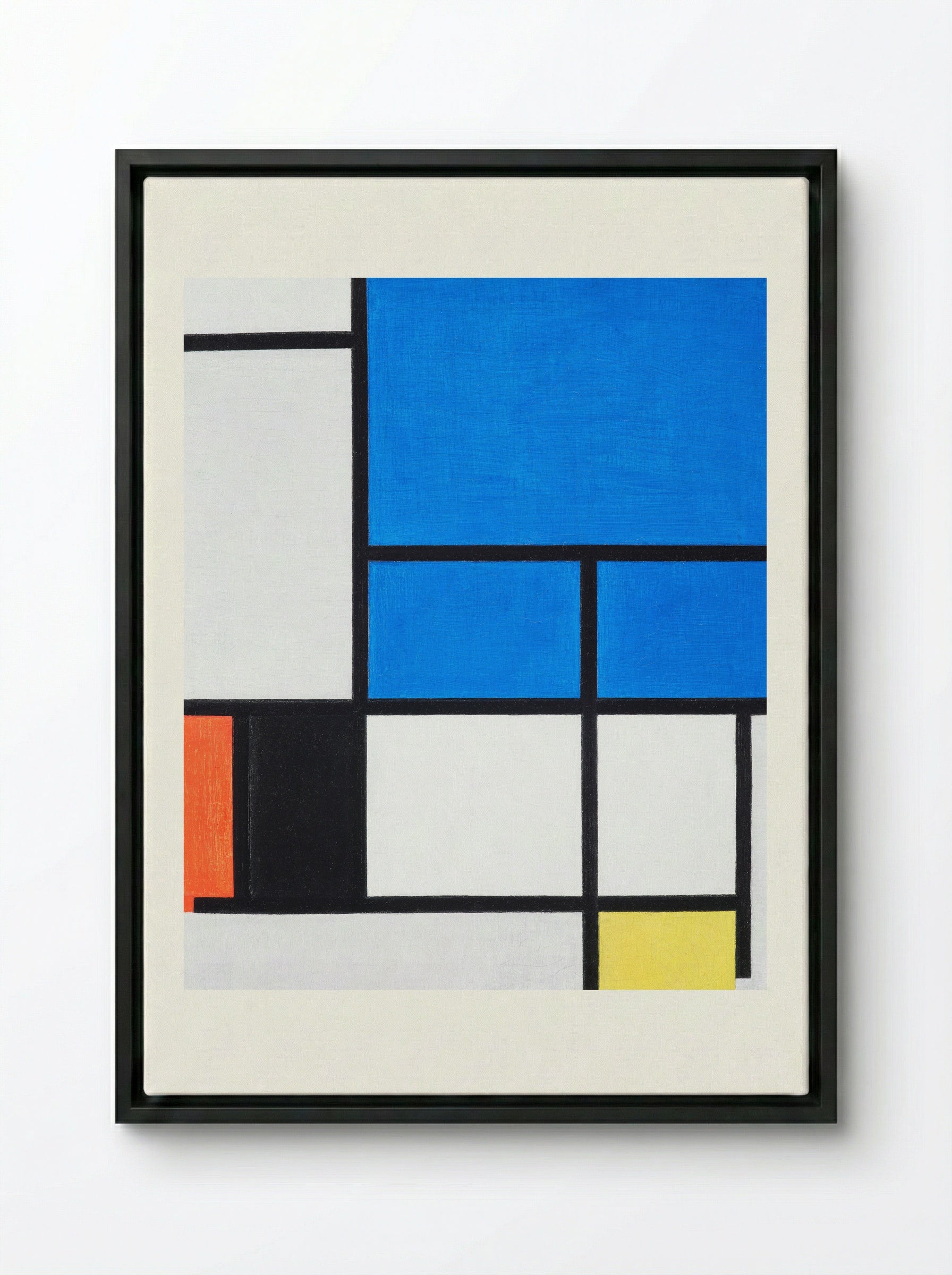 Composition with Large Blue Plane, Red, Black, Yellow, and Gray - Piet Mondrian - Framed Canvas Black