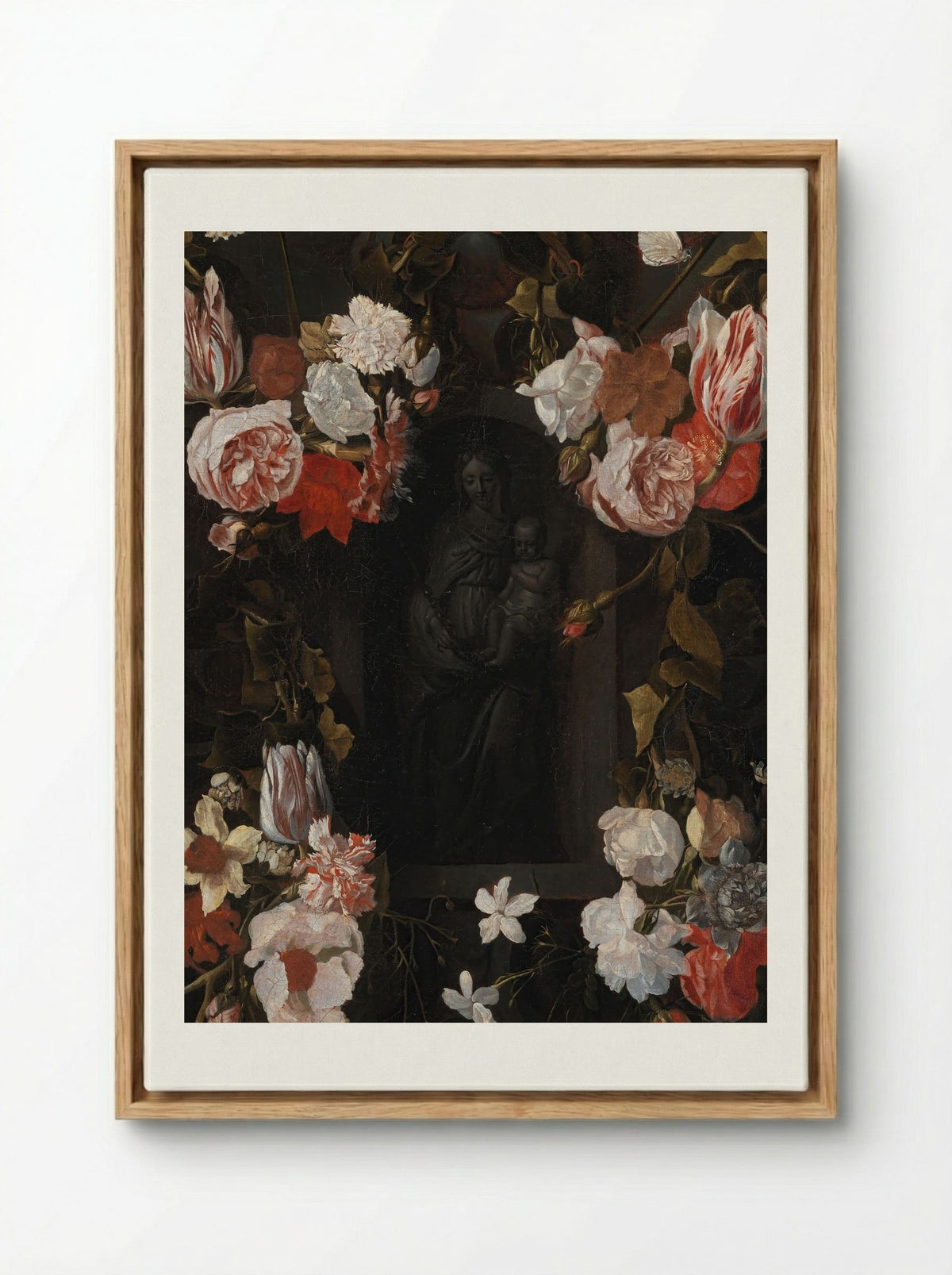A Flower-Wreathed Niche with a Stone Figure of the Madonna - Fine Art Print - Framed Canvas Wood