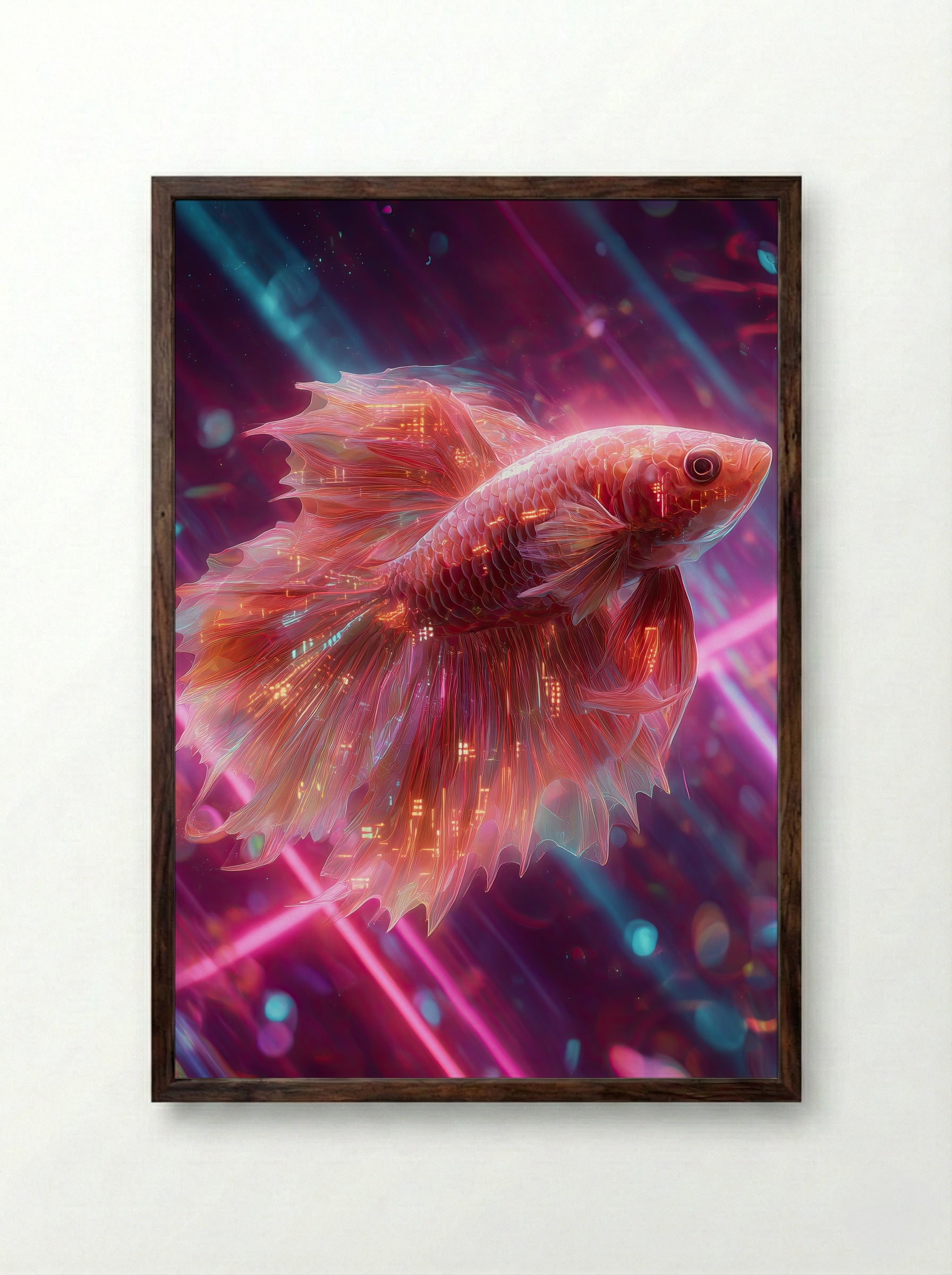 Neon Betta No.4 – Crimson Nebula - Framed Print Dark Wood