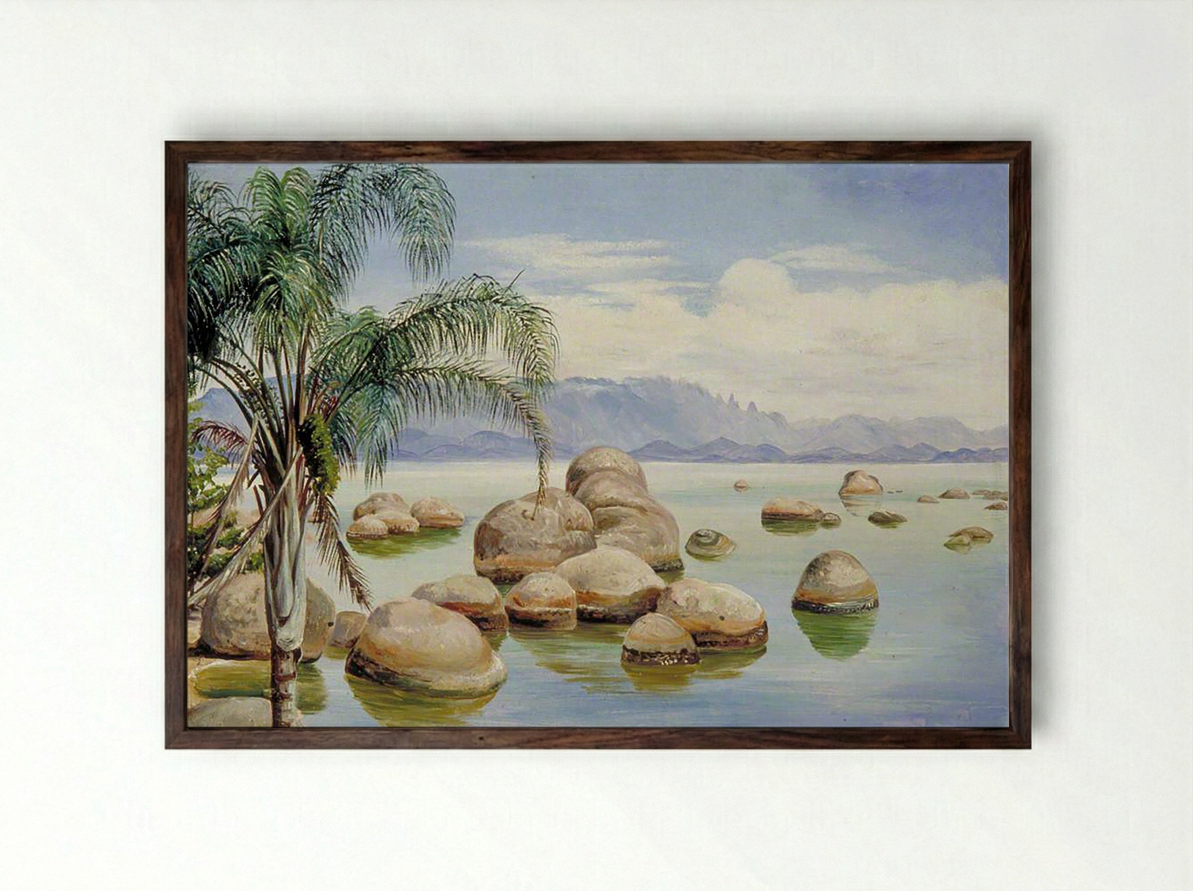Palm Trees and Boulders in the Bay of Rio, Brazil - Marianne North - Framed Print Dark Wood