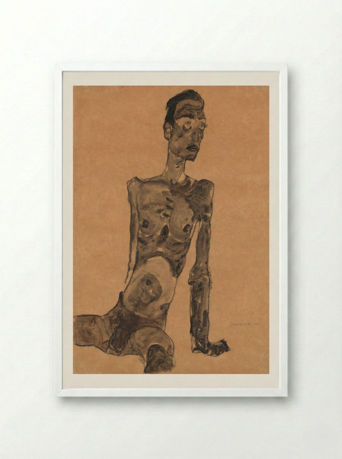 Seated Male Nude - Egon Schiele - Framed Print White