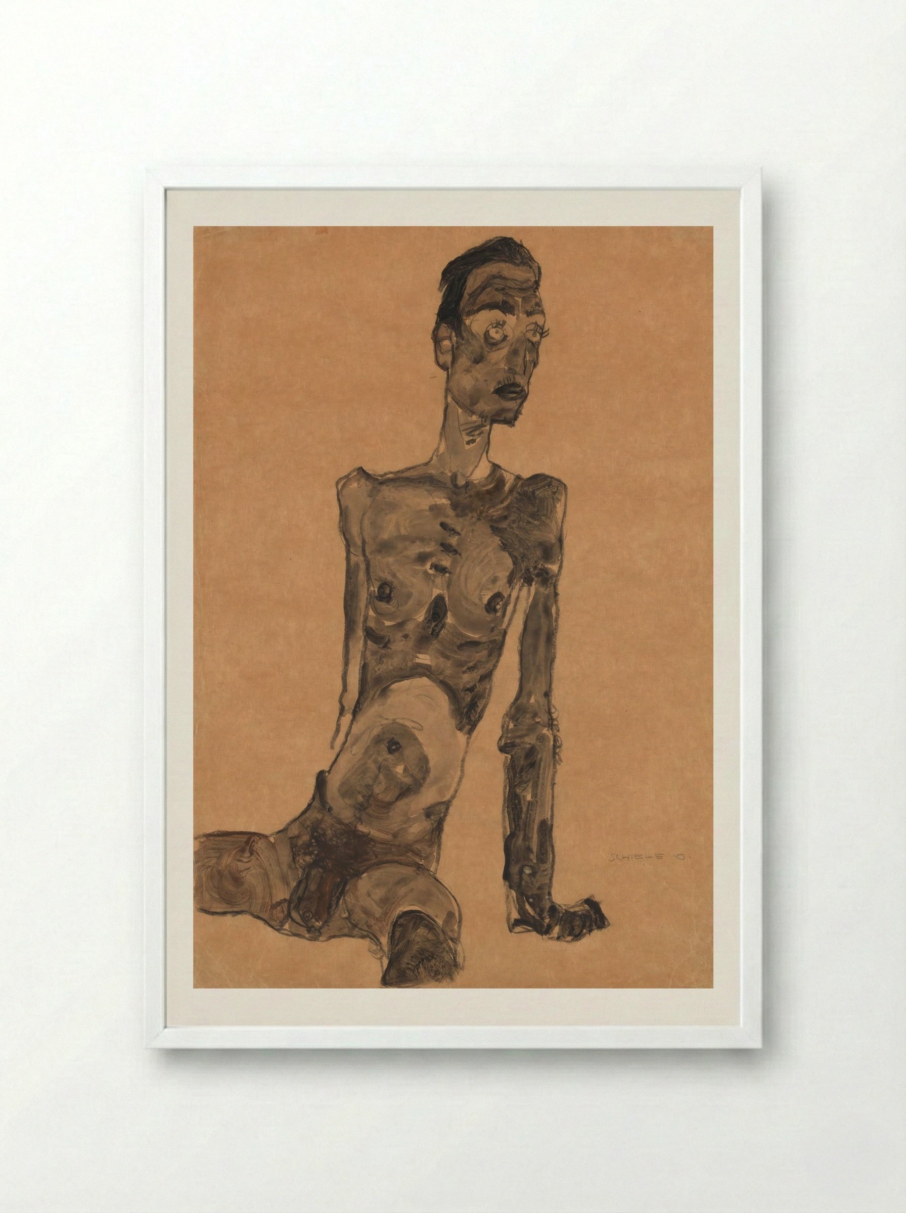 Seated Male Nude - Egon Schiele - Framed Print White