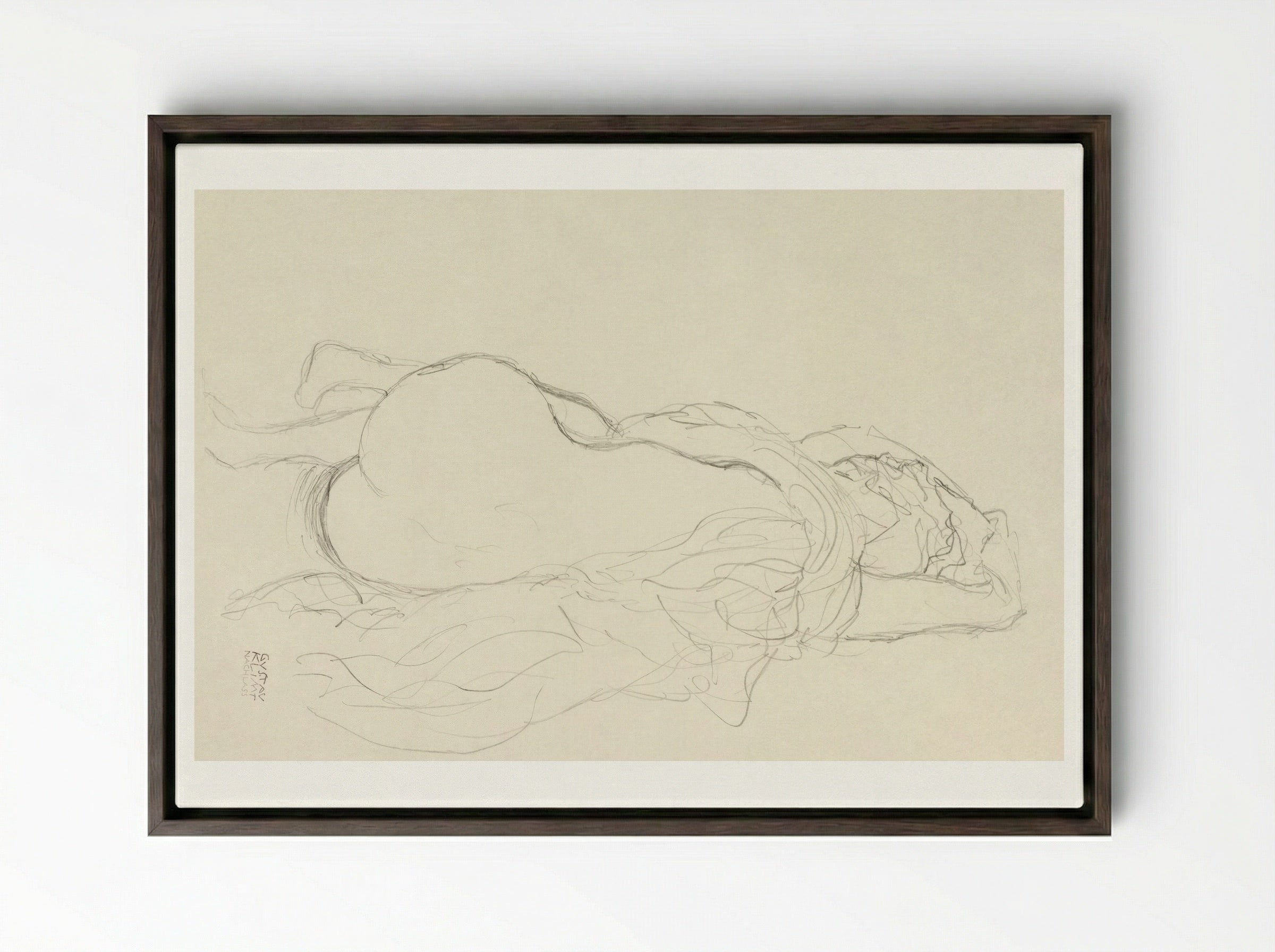Reclining Nude with Drapery, Back View - Gustav Klimt - Framed Canvas Dark Wood