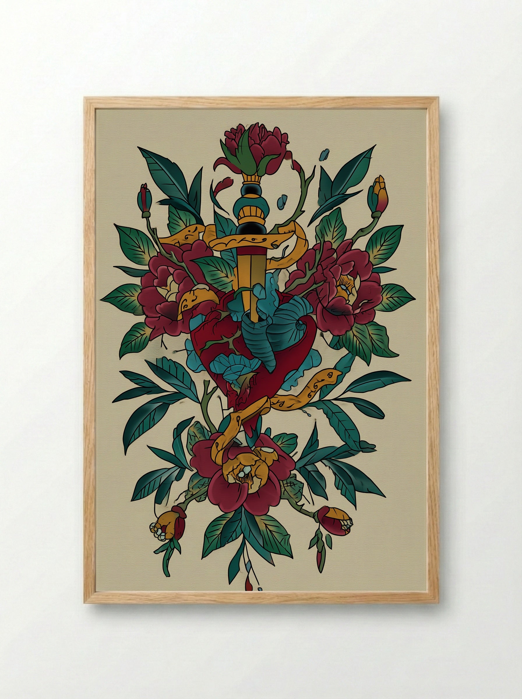 Dagger Through Heart and Flowers - Neo Traditional Tattoo Print - Framed Print Wood