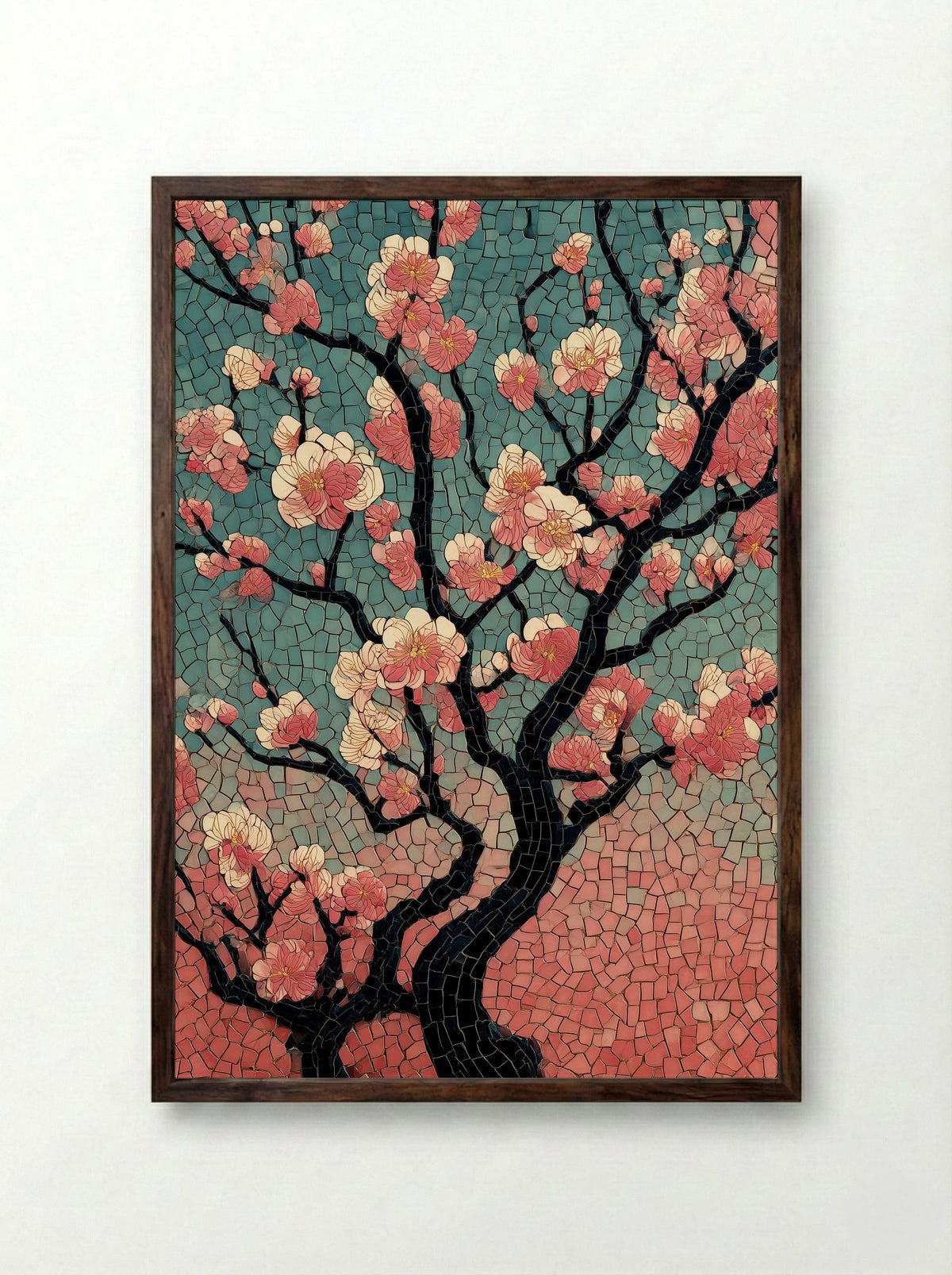 Plum Blossoms at Kameido Shrine - Japanese Mosaic Print - Framed Print Dark Wood