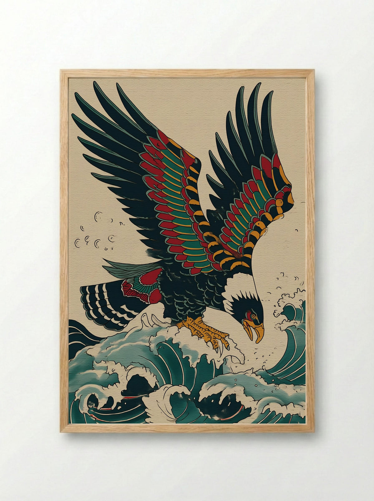 Eagle Over Waves - Japanese Inspired Art Print - Framed Print Wood