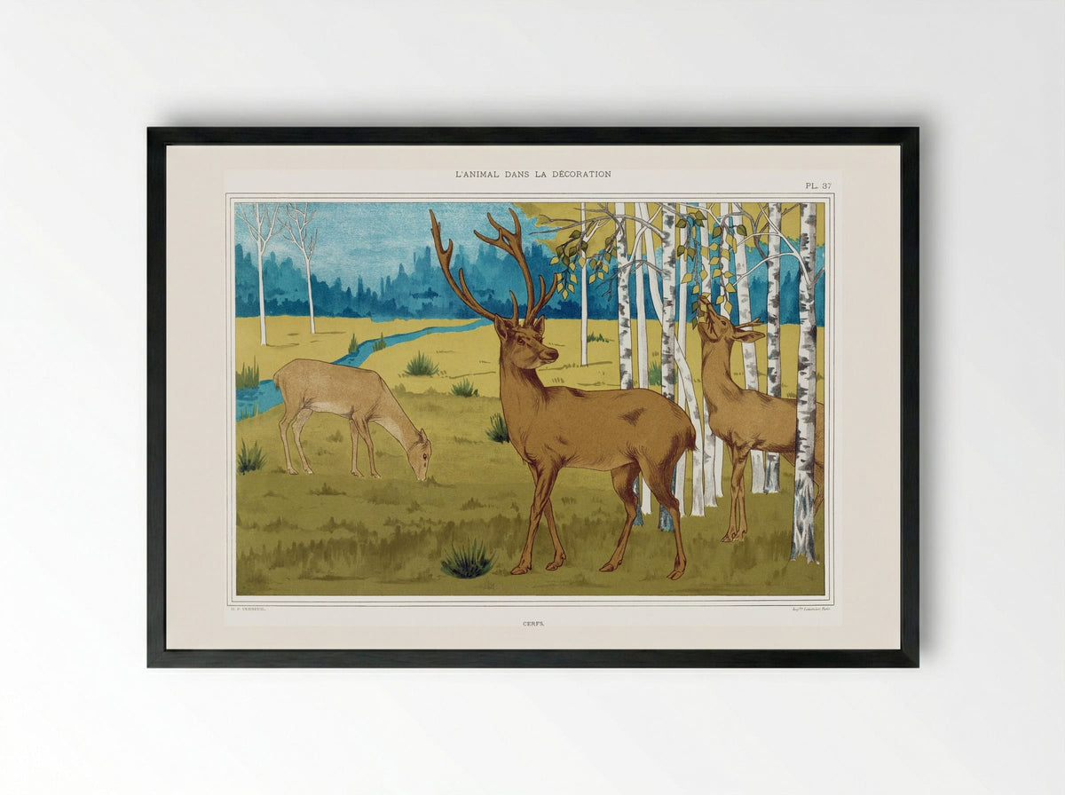 Cerfs (Deer in a Landscape) - Maurice Pillard Verneuil - Framed Print Black