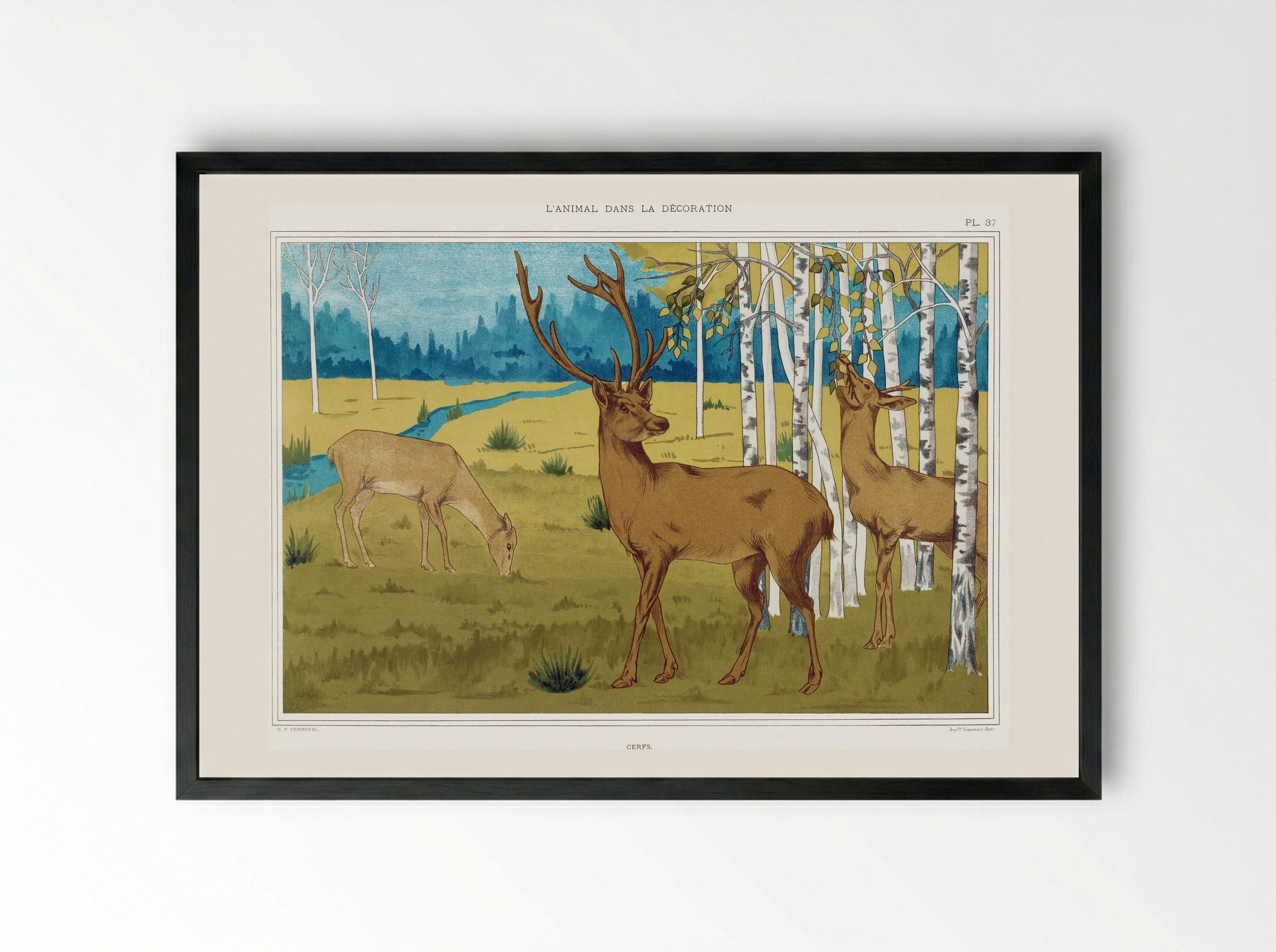Cerfs (Deer in a Landscape) - Maurice Pillard Verneuil - Framed Print Black