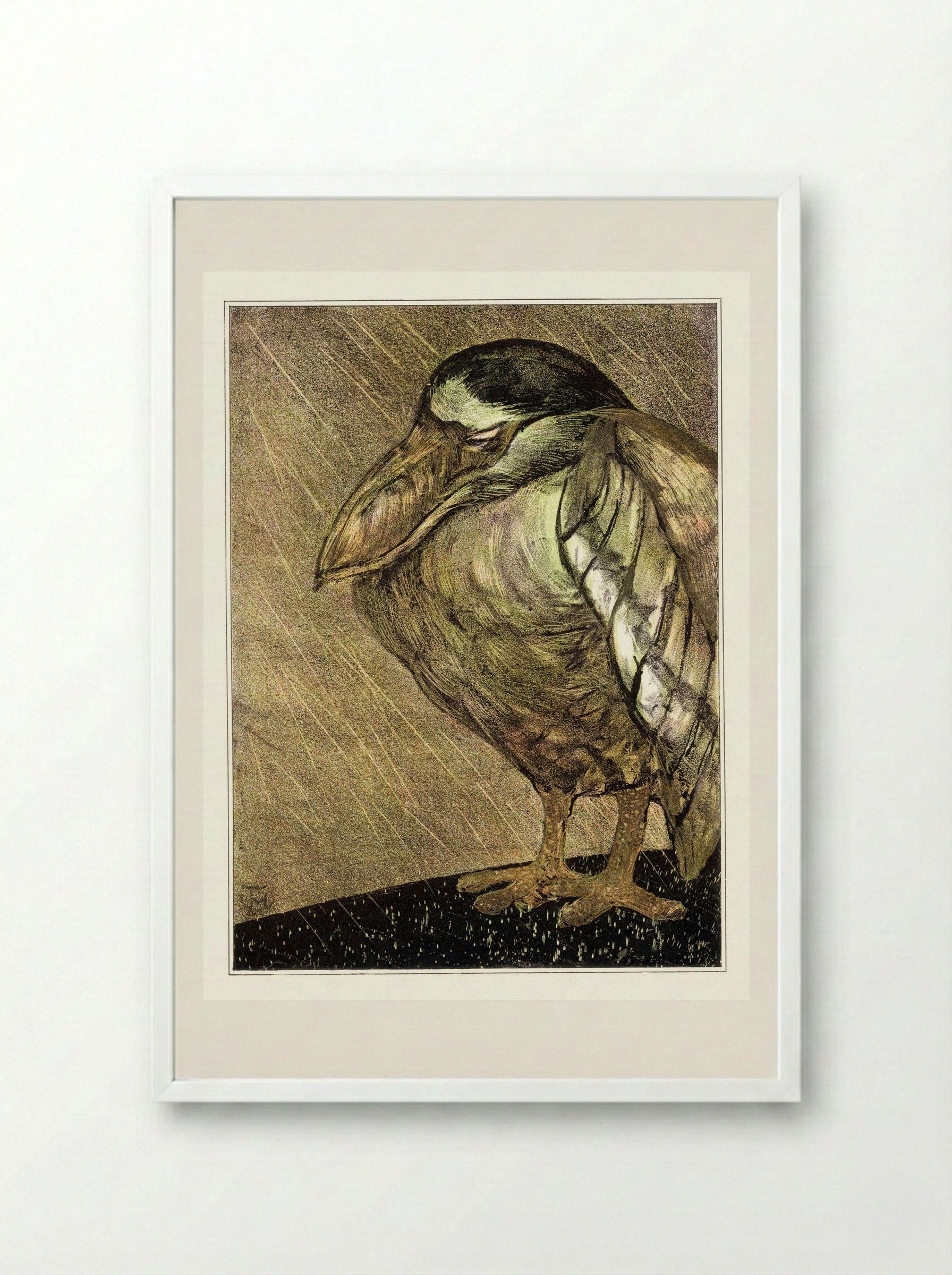 Schuitbekreiger in de regen (Night Heron in the Rain) - Theodorus van Hoytema - Framed Print White