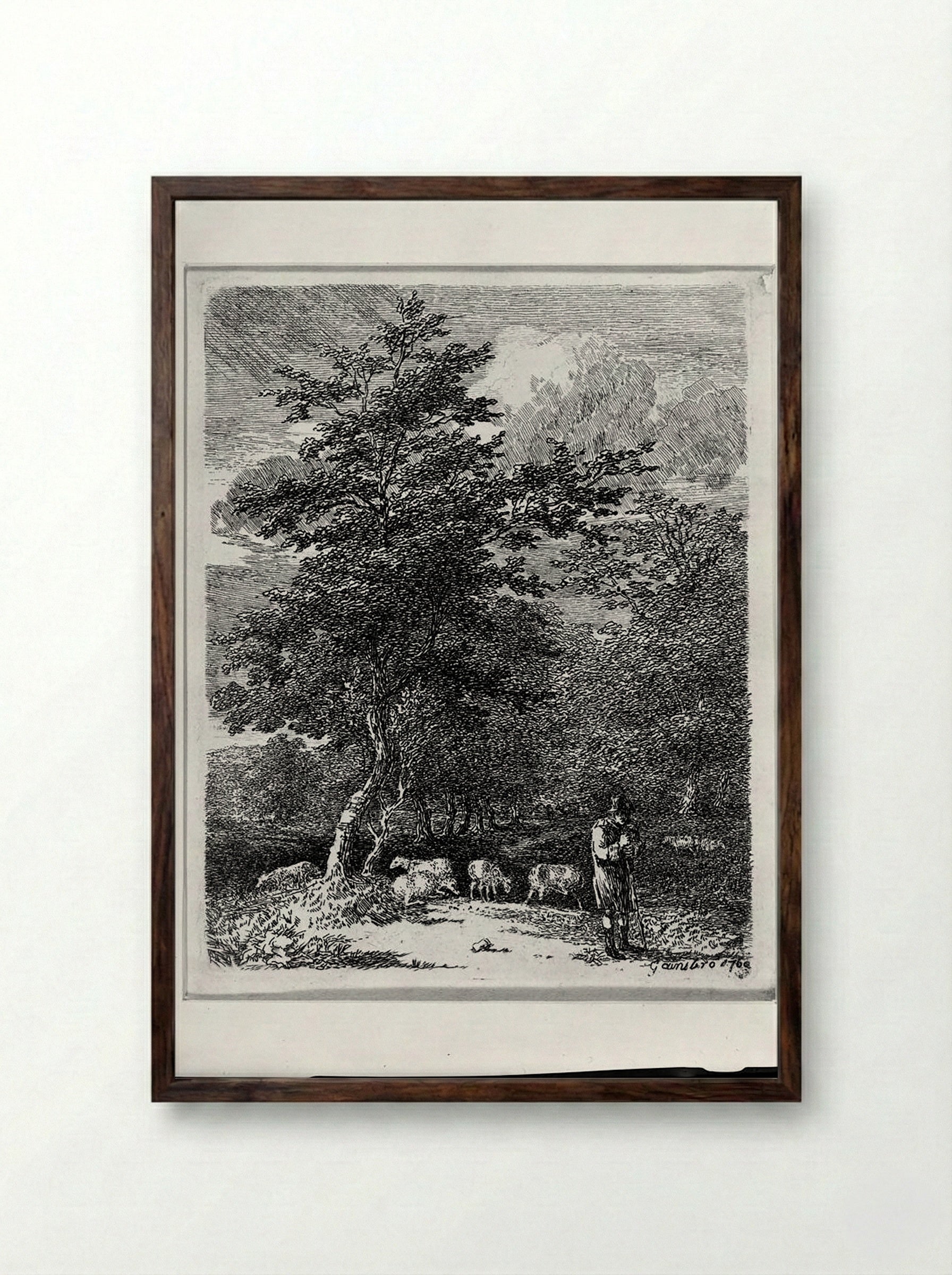 Landscape with Shepherd Watching his Sheep - Thomas Gainsborough - Framed Print Dark Wood