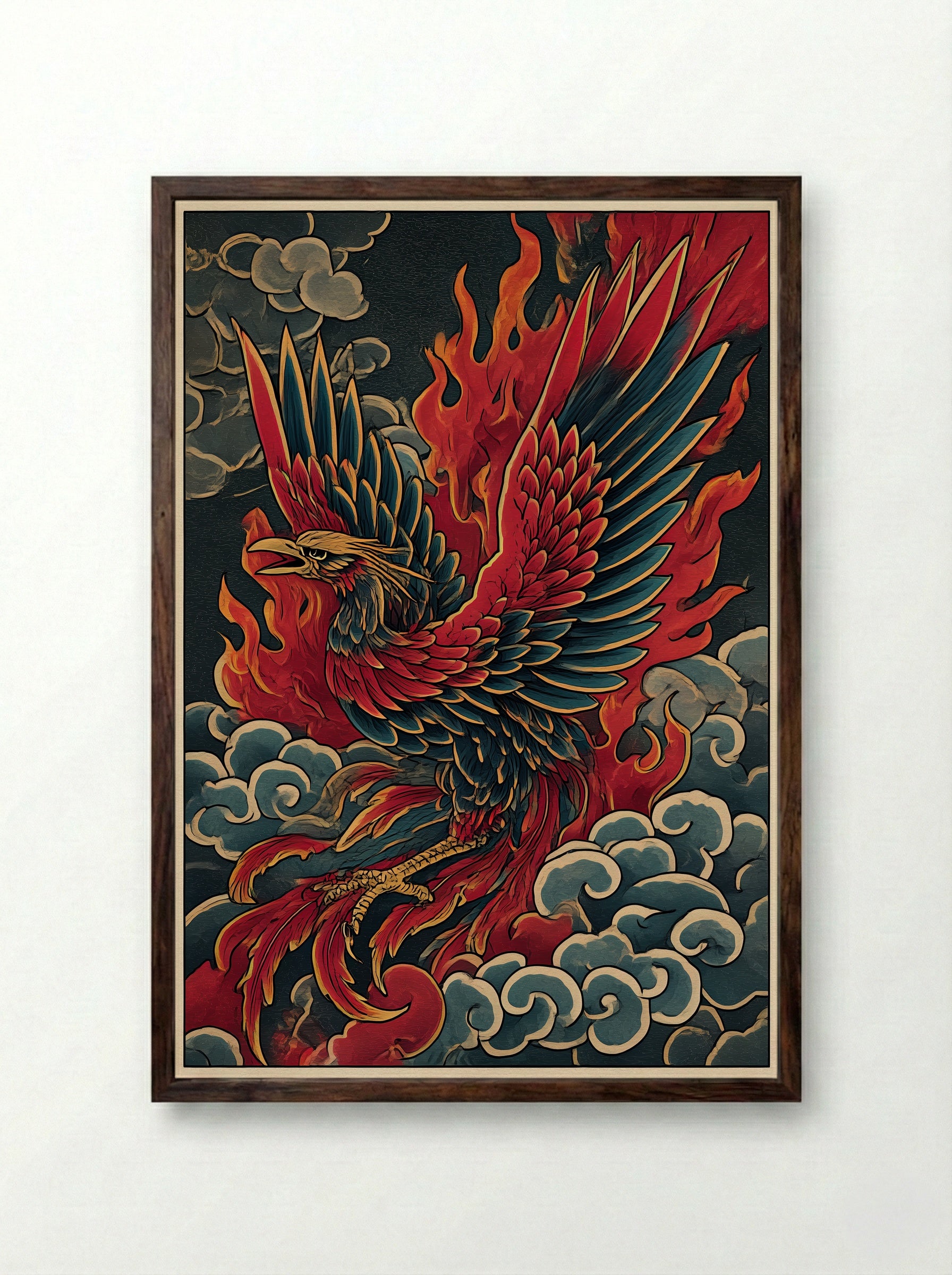 Phoenix Rising from Flames - Japanese Inspired Art Print - Framed Print Dark Wood