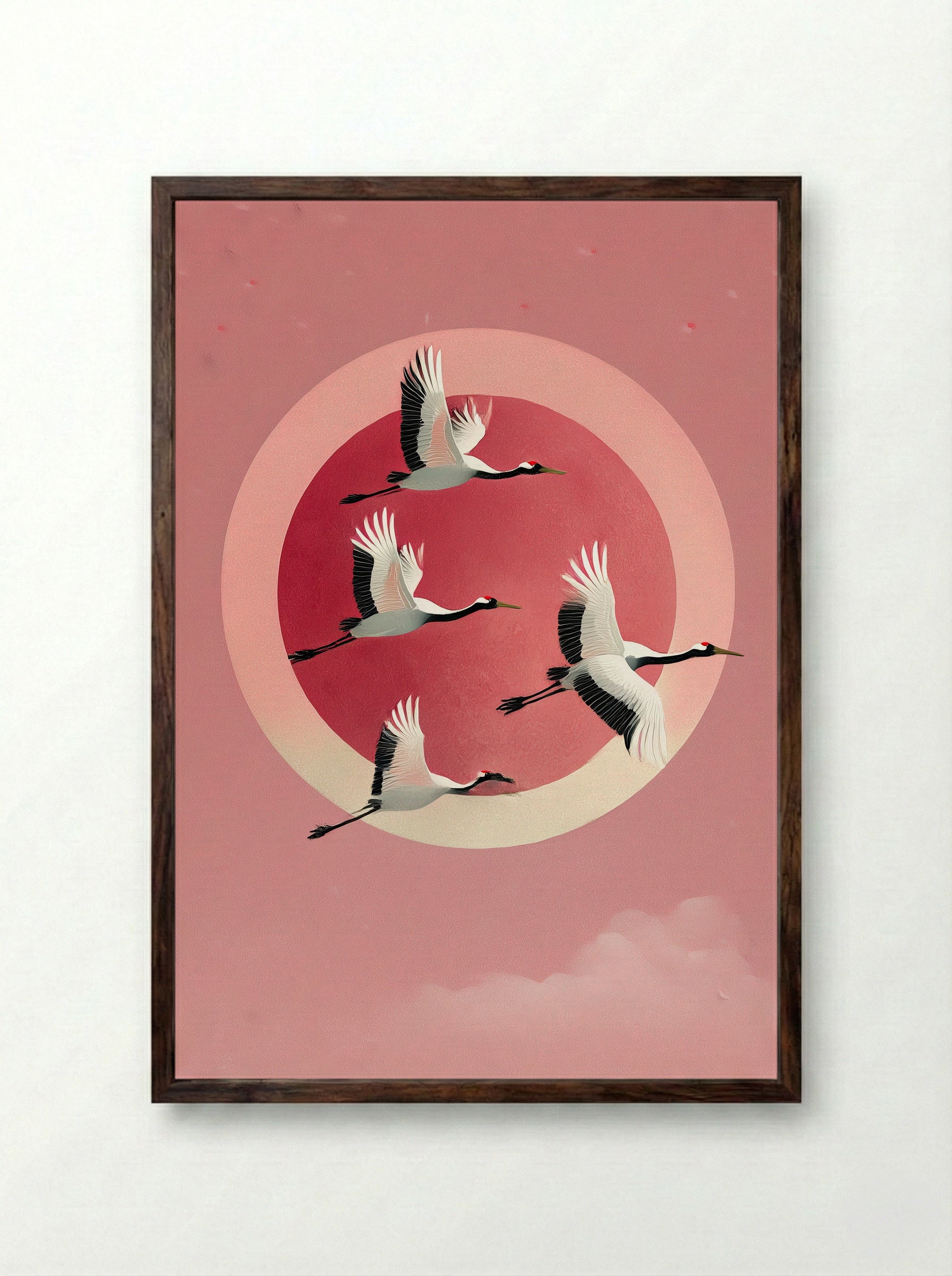 Crimson Flight Japanese Crane Poster Print - Framed Print Dark Wood