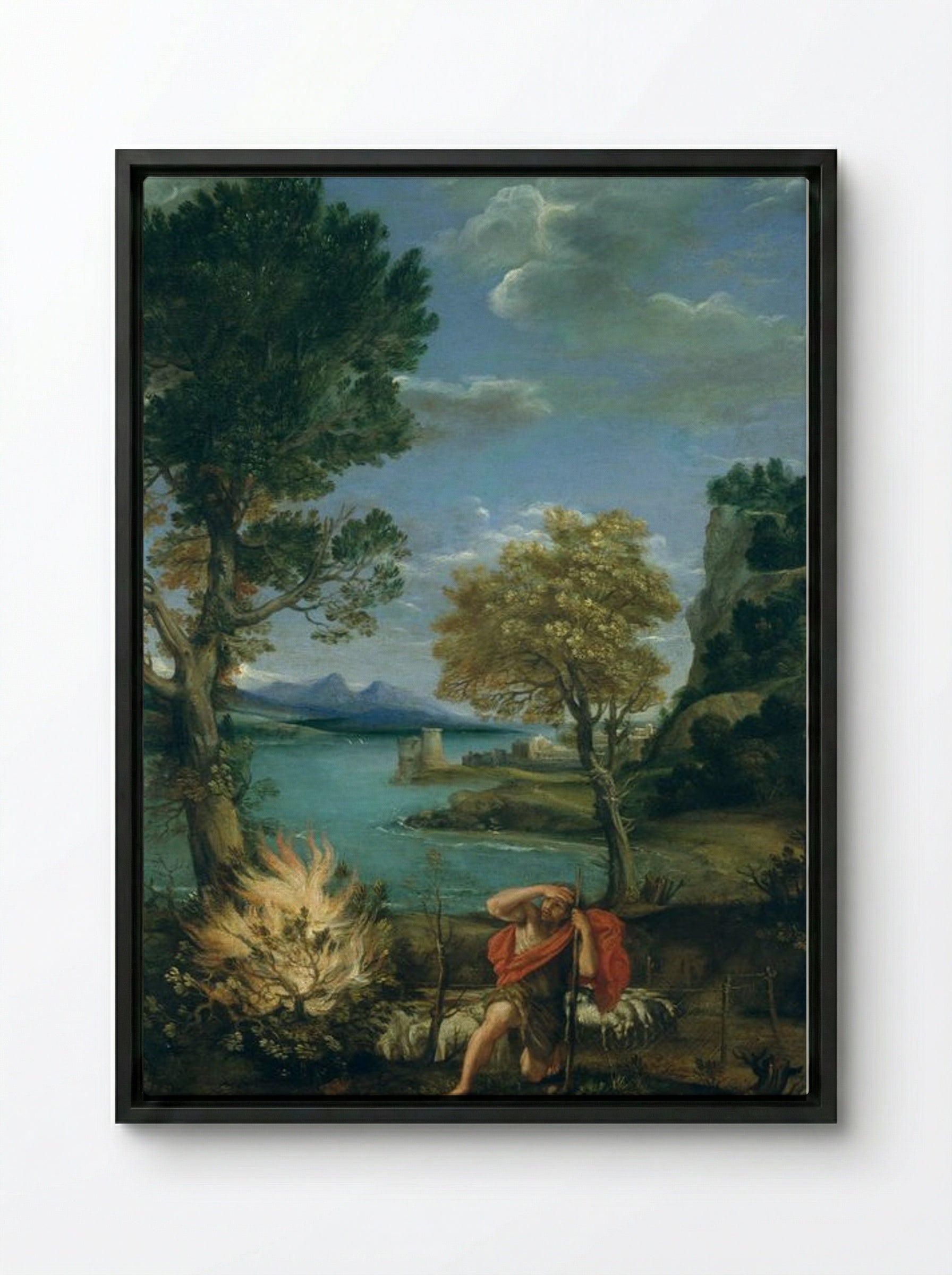 Landscape with Moses and the Burning Bush - Domenico Campagnola - Framed Canvas Black
