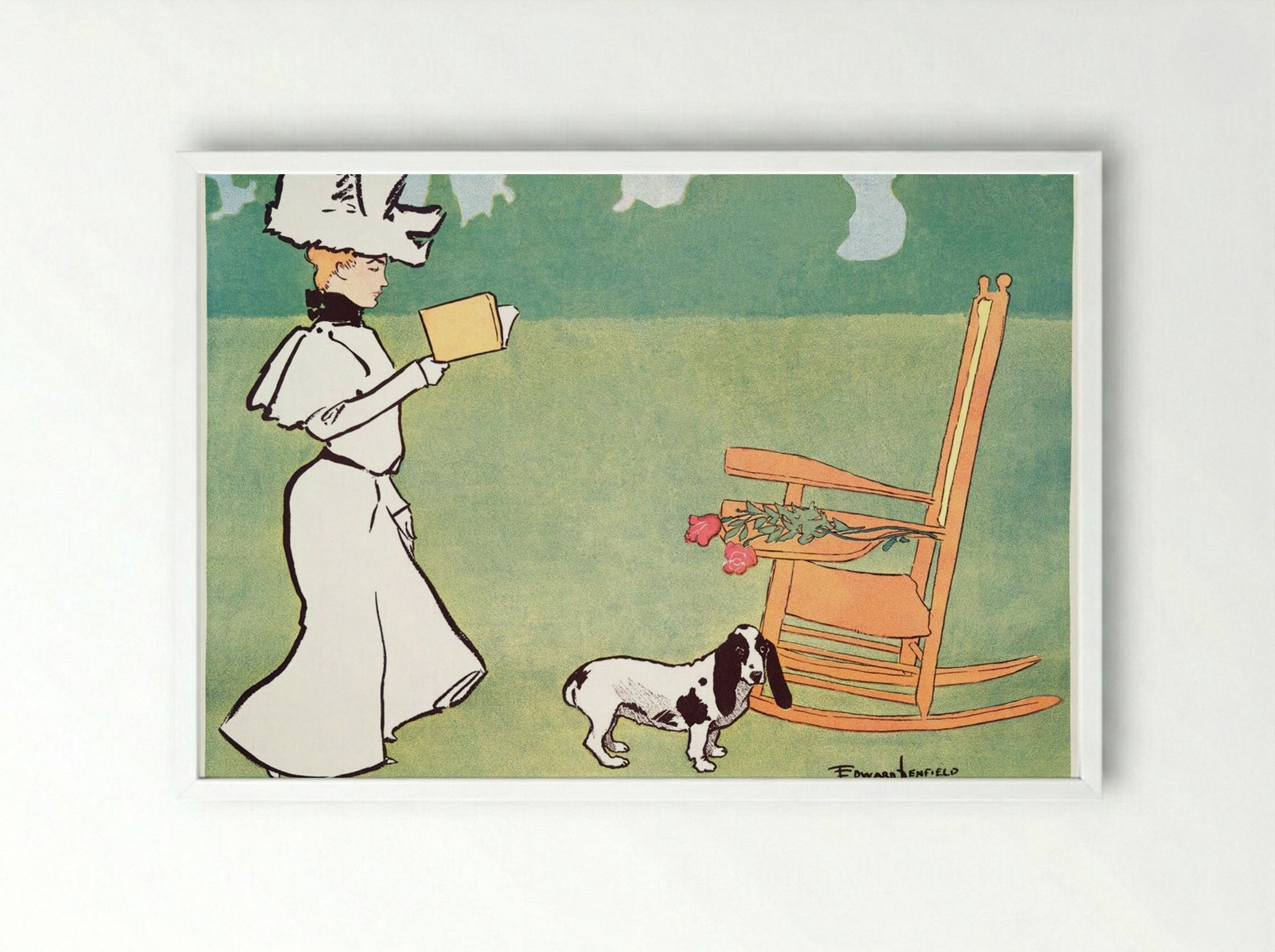 Woman Reading in the Garden - Edward Penfield - Framed Print White