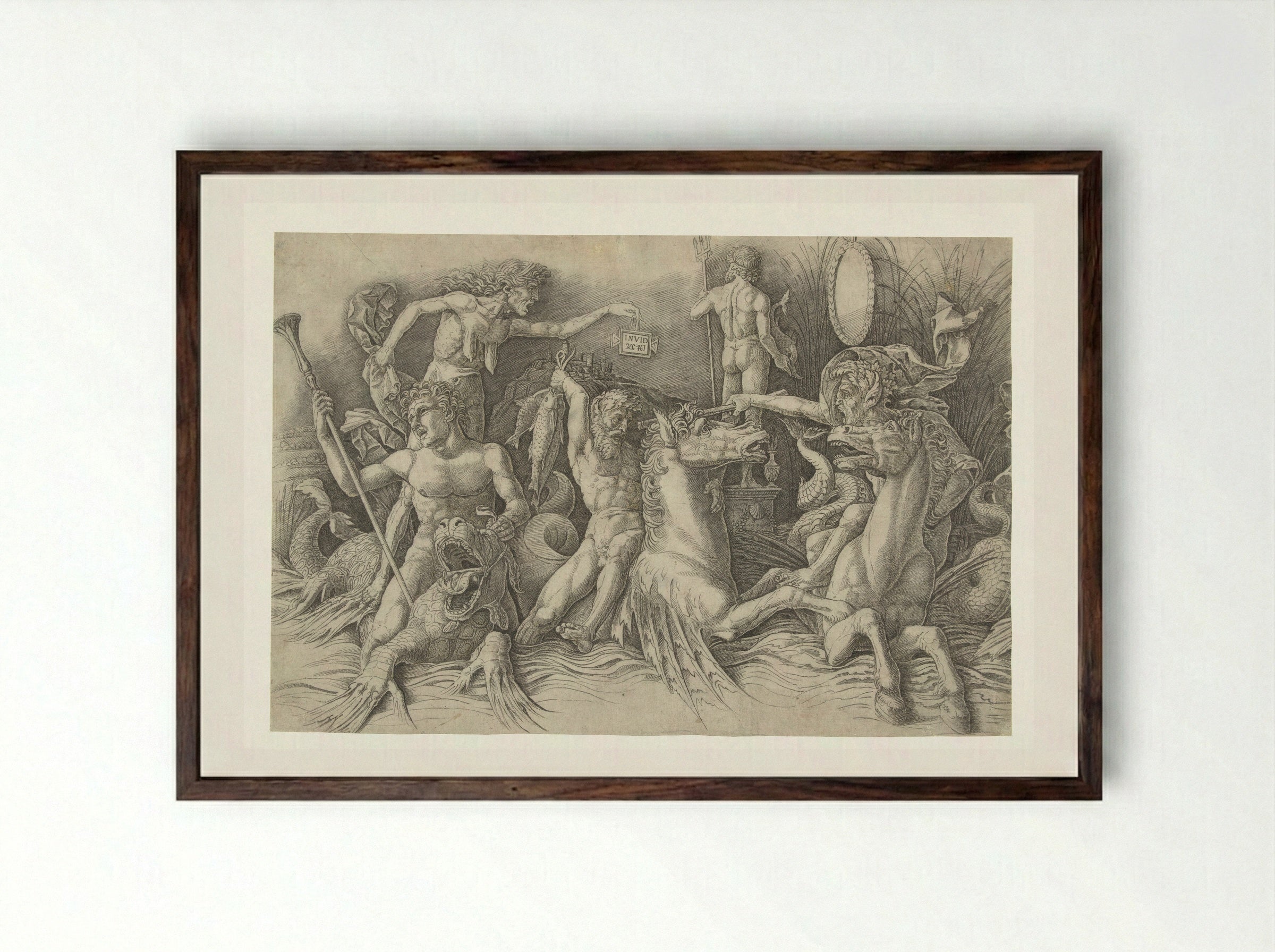 Battle of the Sea Gods, with Envy (Invidia) on the Left - Andrea Mantegna - Framed Print Dark Wood