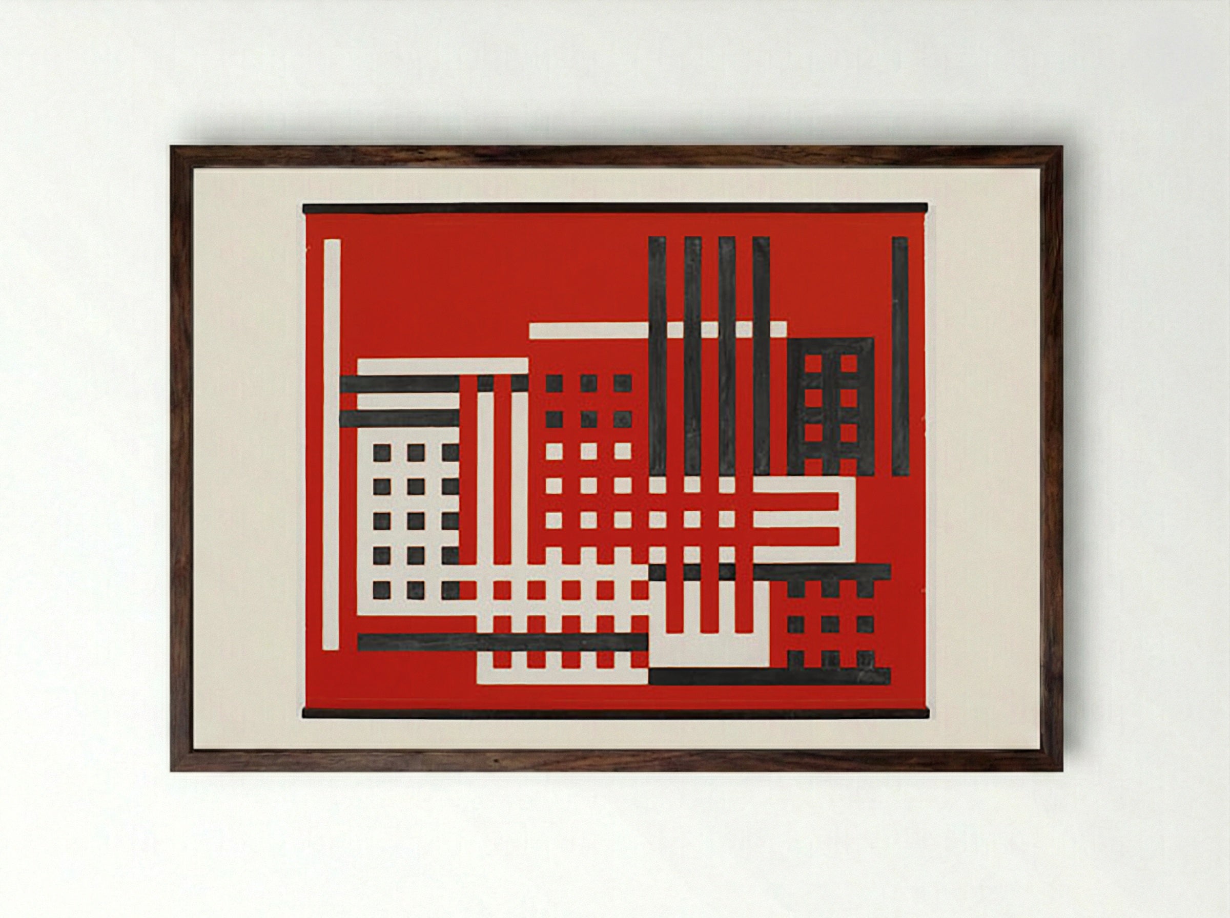 Untitled (Factory Abstraction, Red, Black and White) - Fine Art Print - Framed Print Dark Wood