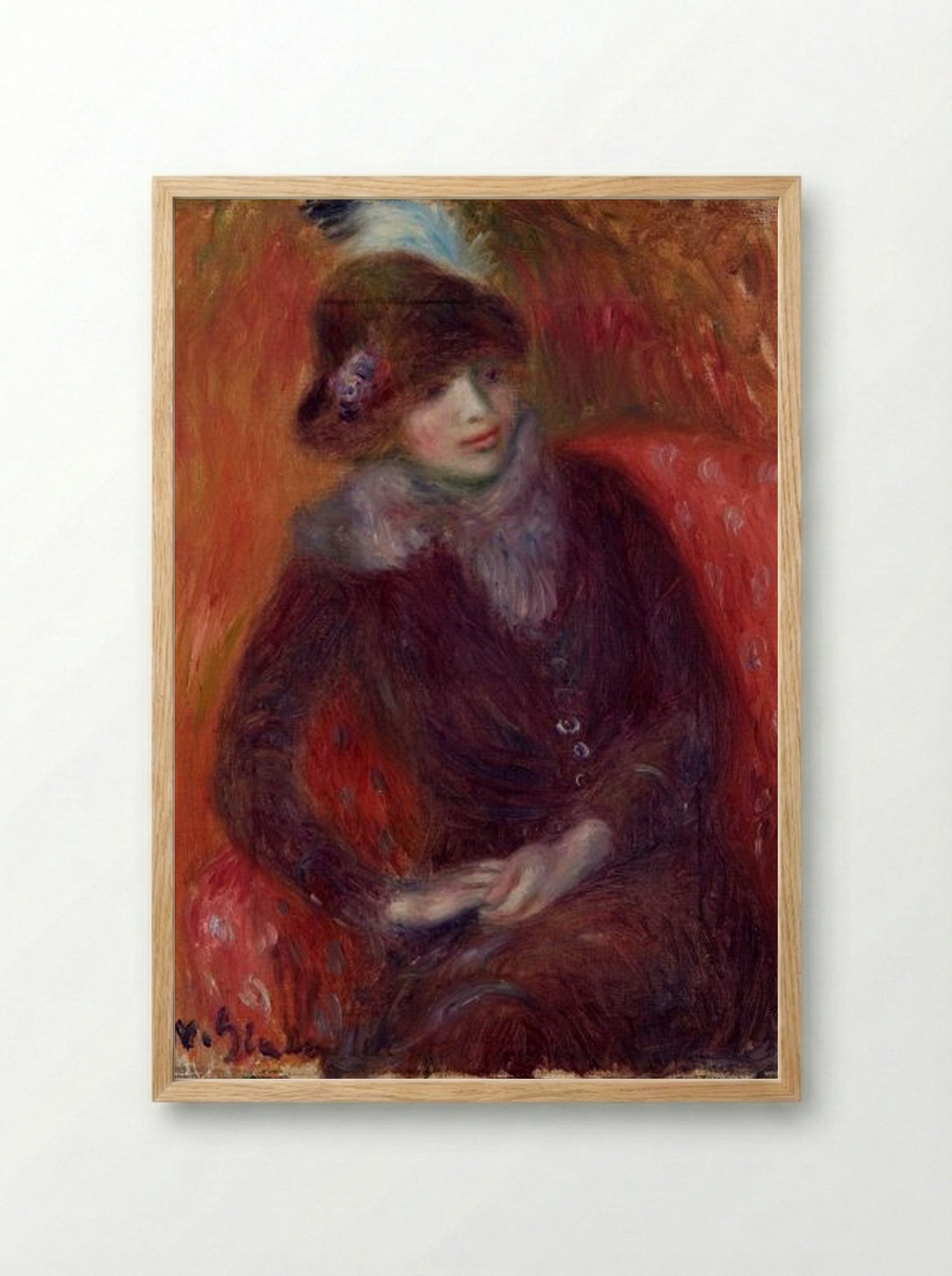 Seated Woman with Fur Neckpiece and Red Background - William James Glackens - Framed Print Wood