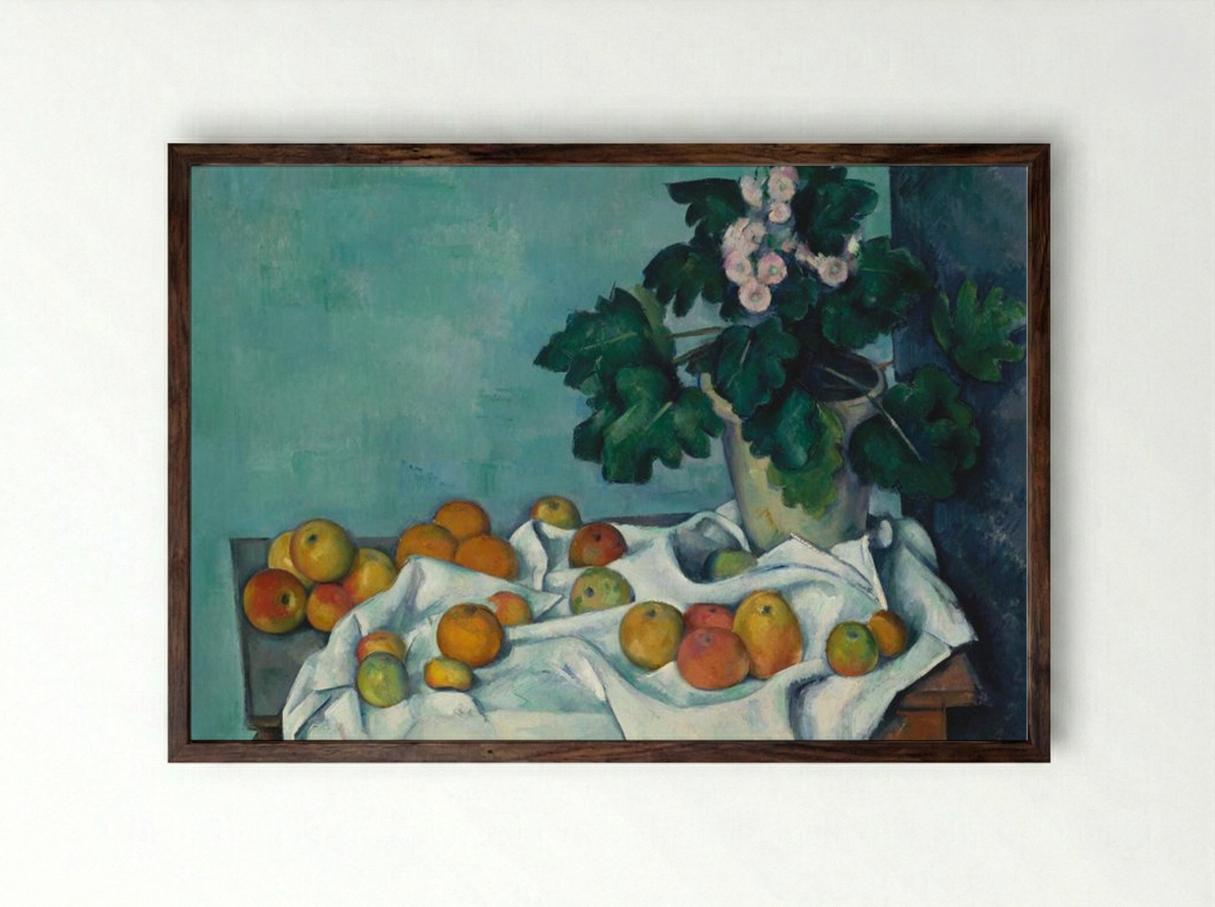 Still Life with Apples and a Pot of Primroses - Paul Cézanne - Framed Print Dark Wood