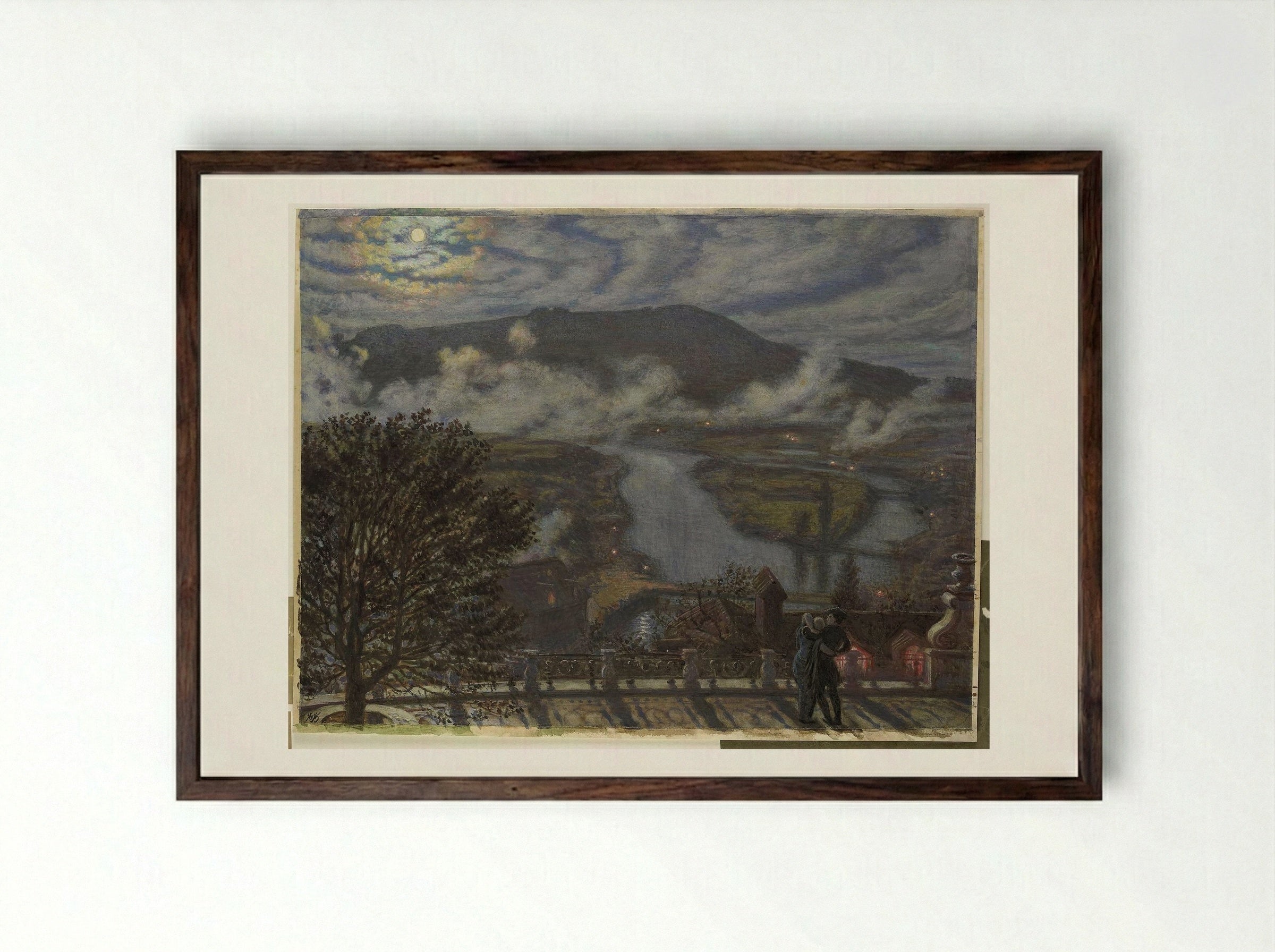 Gezicht vanaf terras op rivierlandschap bij nacht - William Holman Hunt - Framed Print Dark Wood