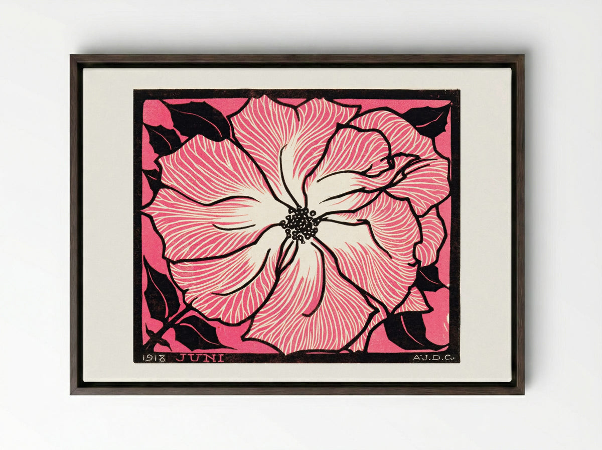 June (Floral Woodcut) - Julie de Graag - Framed Canvas Dark Wood