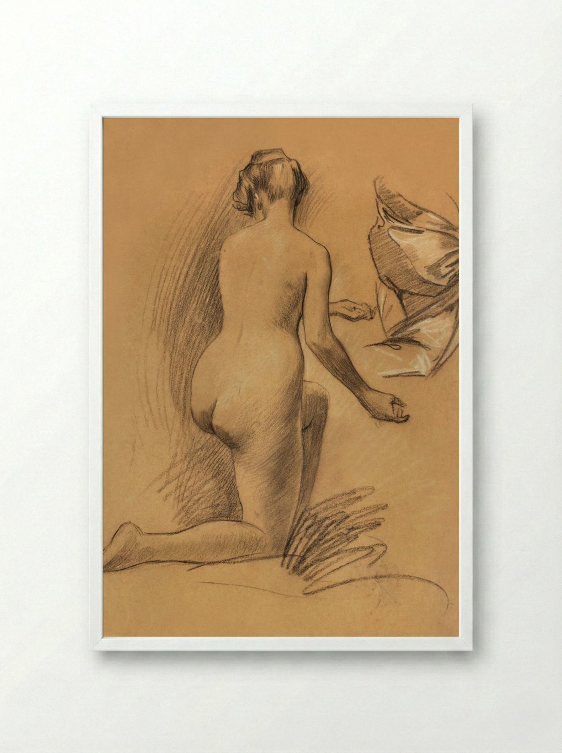 Study of Kneeling Nude Figure - Louis Schaettle - Framed Print White