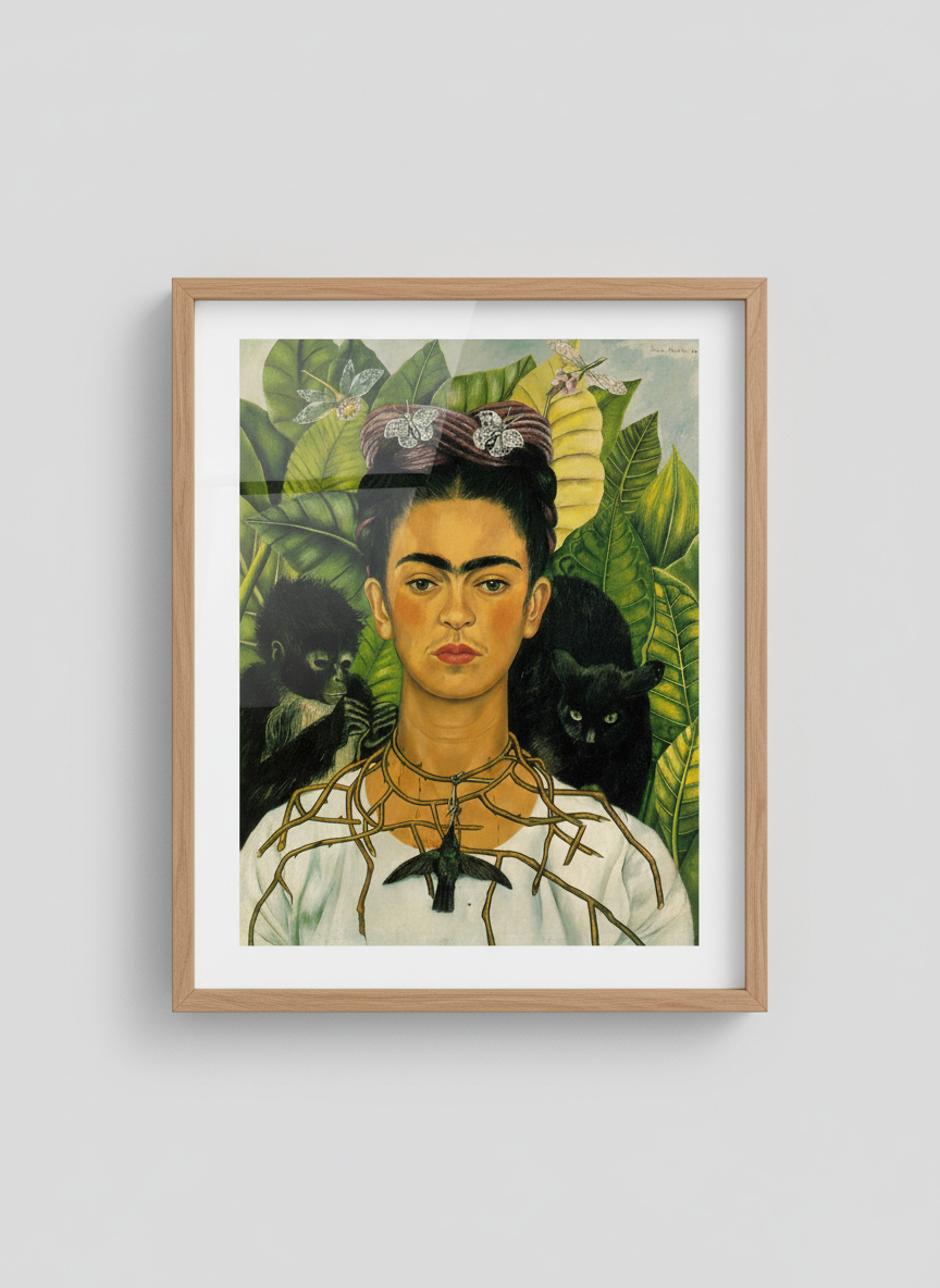 Self-Portrait with Thorn Necklace and Hummingbird - Frida Kahlo - Framed Print Wood
