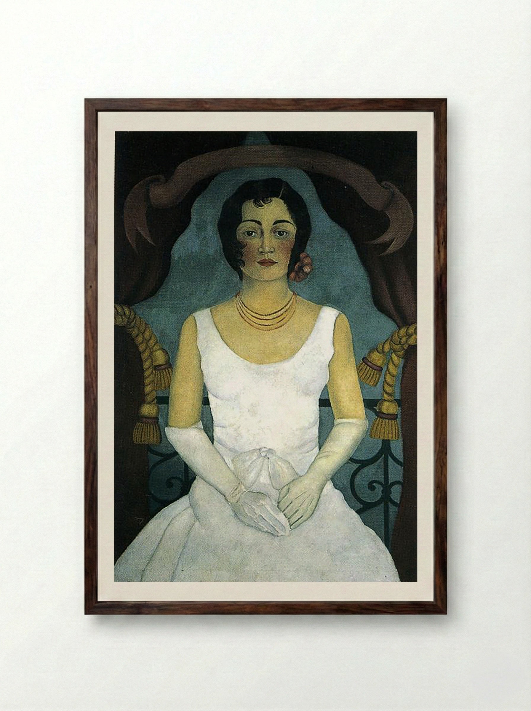 Portrait of a Woman in White - Frida Kahlo - Framed Print Dark Wood