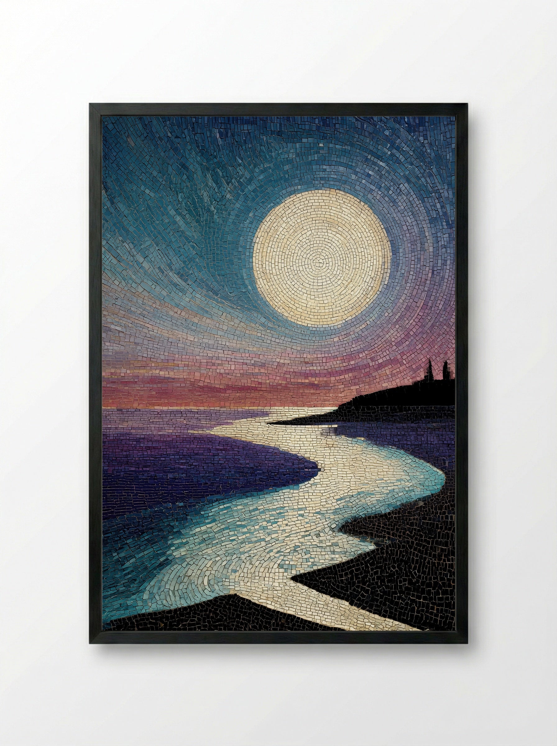 Moonlit Pavilion View - Japanese Mosaic Print - Framed Print Black